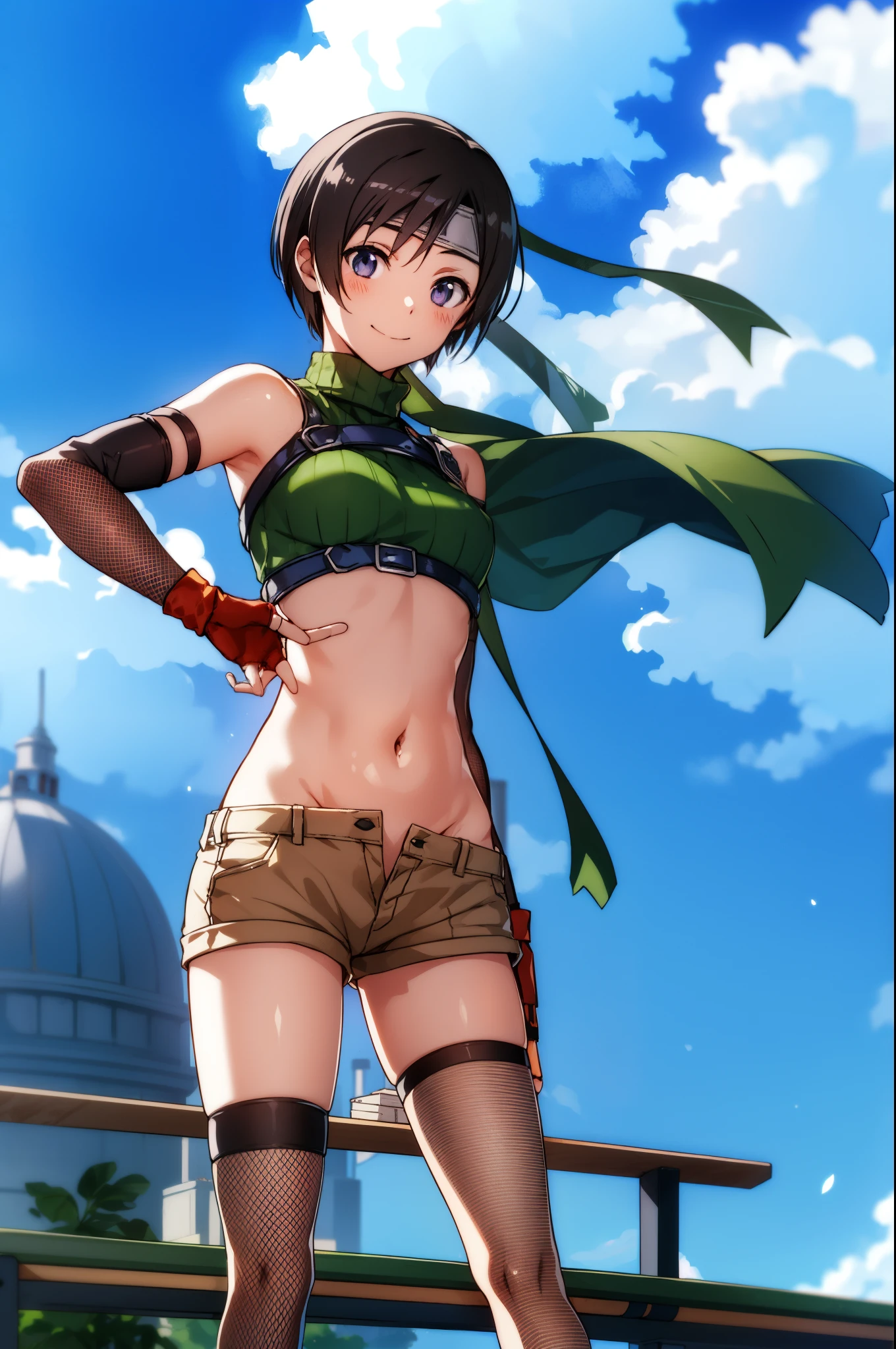 yuffiekisaragi, Yuffie Kisaragi,Haircuts, pixie cut,
very_young_teen, crop top, fingerless gloves, fishnet Thighhighs, fishnet, forehead protector, gloves, head band, belly button, short shorts, shorts, single sleeve, single thigh high, No sleeve, No sleeve turtleneck, Thighhighs, turtleneck,
bench、blue sky、smile, solo