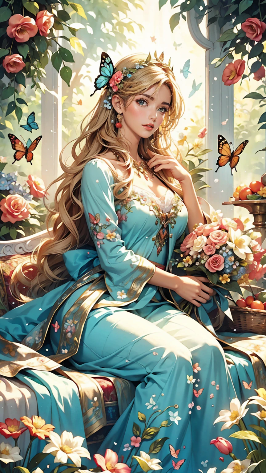 Beautiful mature woman in a fairy costume, Surrounded by flowers and butterflies. content: Watercolor. style: Whimsical and delicate, Like an illustration in a children's book