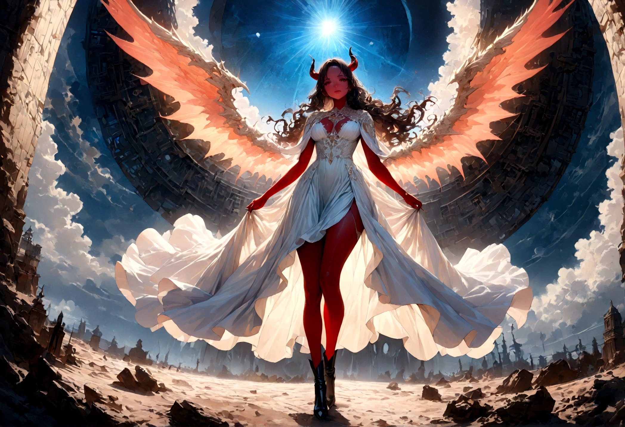 fantasy art, RPG art [[a picture of 2 women]], single1 female angel, wearing white dress, pale skin, beautiful face, blond hair, long hair wavy hair, blue eyes, high heeled boots, wearing a dress (Masterpiece, intricate details: 1.5), large angelic wings, white angelic wings spread [AND] a single1 female demon, red skin  demonic wings, black demonic wings spread, demonic horns, red skin, black hair, red eyes, beautiful face, wearing a dress (Masterpiece, intricate details: 1.5), high heels, in the border between heaven and hell, moon, stars, clouds, god rays, soft natural light silhouette, dynamic angle,  photorealism, panoramic view  Wide-Angle, Ultra-Wide angle, ultra best realistic, best details, 16k, [ultra detailed], masterpiece, best quality, (extremely detailed), photorealism, depth of field, hyper realistic painting