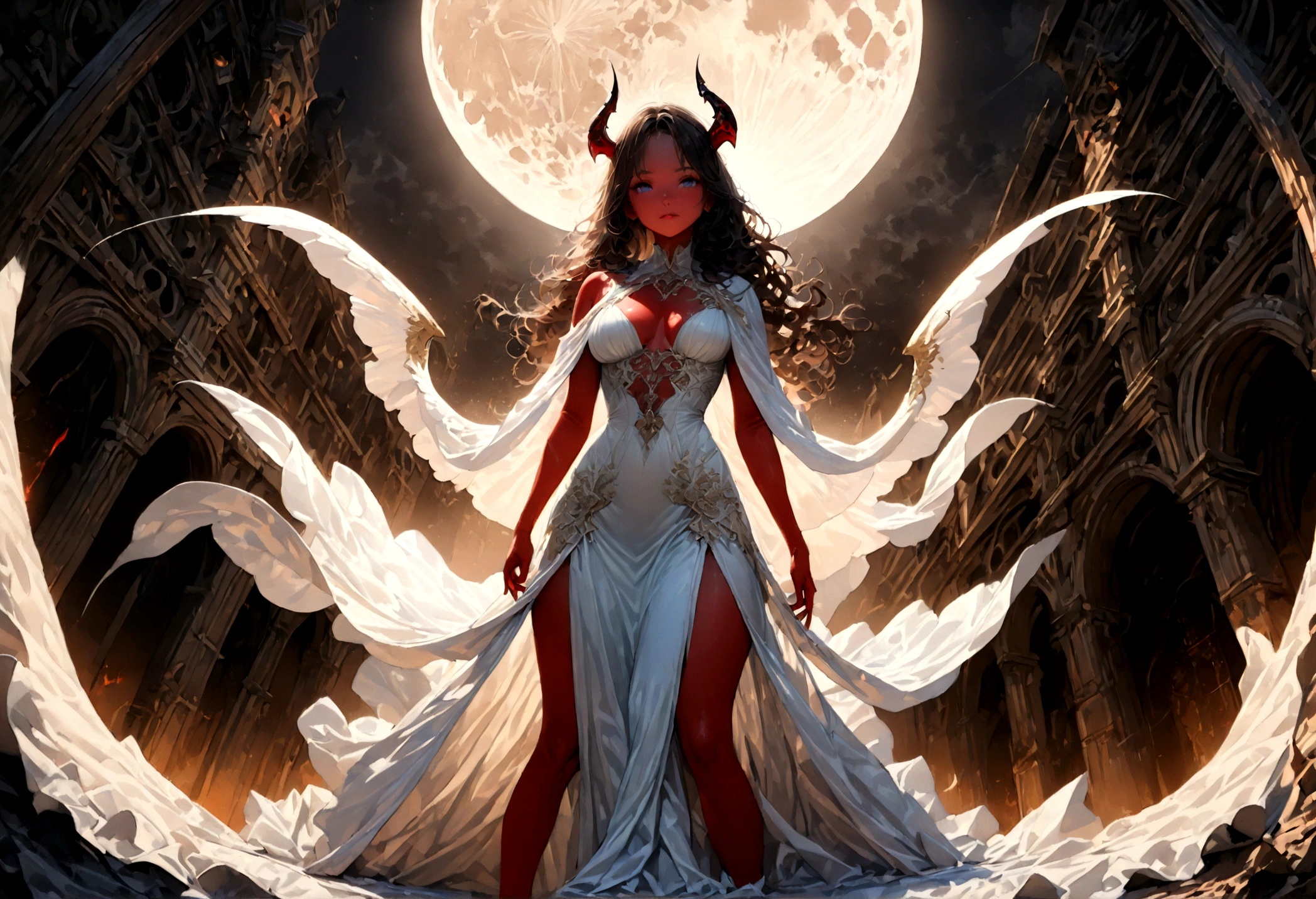 fantasy art, RPG art [[a picture of 2 women]], single1 female angel, wearing white dress, pale skin, beautiful face, blond hair, long hair wavy hair, blue eyes, high heeled boots, wearing a dress (Masterpiece, intricate details: 1.5), large angelic wings, white angelic wings spread [AND] a single1 female demon, red skin  demonic wings, black demonic wings spread, demonic horns, red skin, black hair, red eyes, beautiful face, wearing a dress (Masterpiece, intricate details: 1.5), high heels, in the border between heaven and hell, moon, stars, clouds, god rays, soft natural light silhouette, dynamic angle,  photorealism, panoramic view  Wide-Angle, Ultra-Wide angle, ultra best realistic, best details, 16k, [ultra detailed], masterpiece, best quality, (extremely detailed), photorealism, depth of field, hyper realistic painting