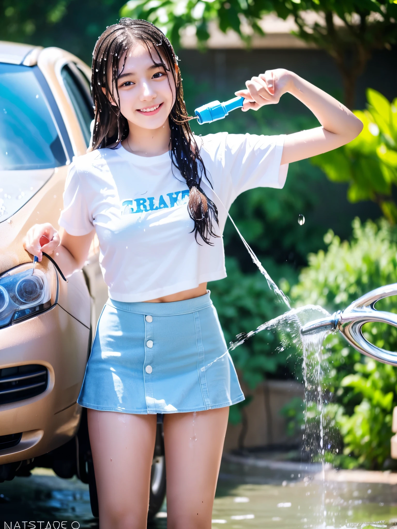 ((My hair, face and whole body are soaked with water from the hose.)) (She is wearing a white T-shirt and a mini skirt.) (She is washing the car) ((A 20-year-old Japanese woman with a cute face like an idol))..。Gentle and cute。Please smile kindly。RAW Photos Genuine realism High resolution live-action