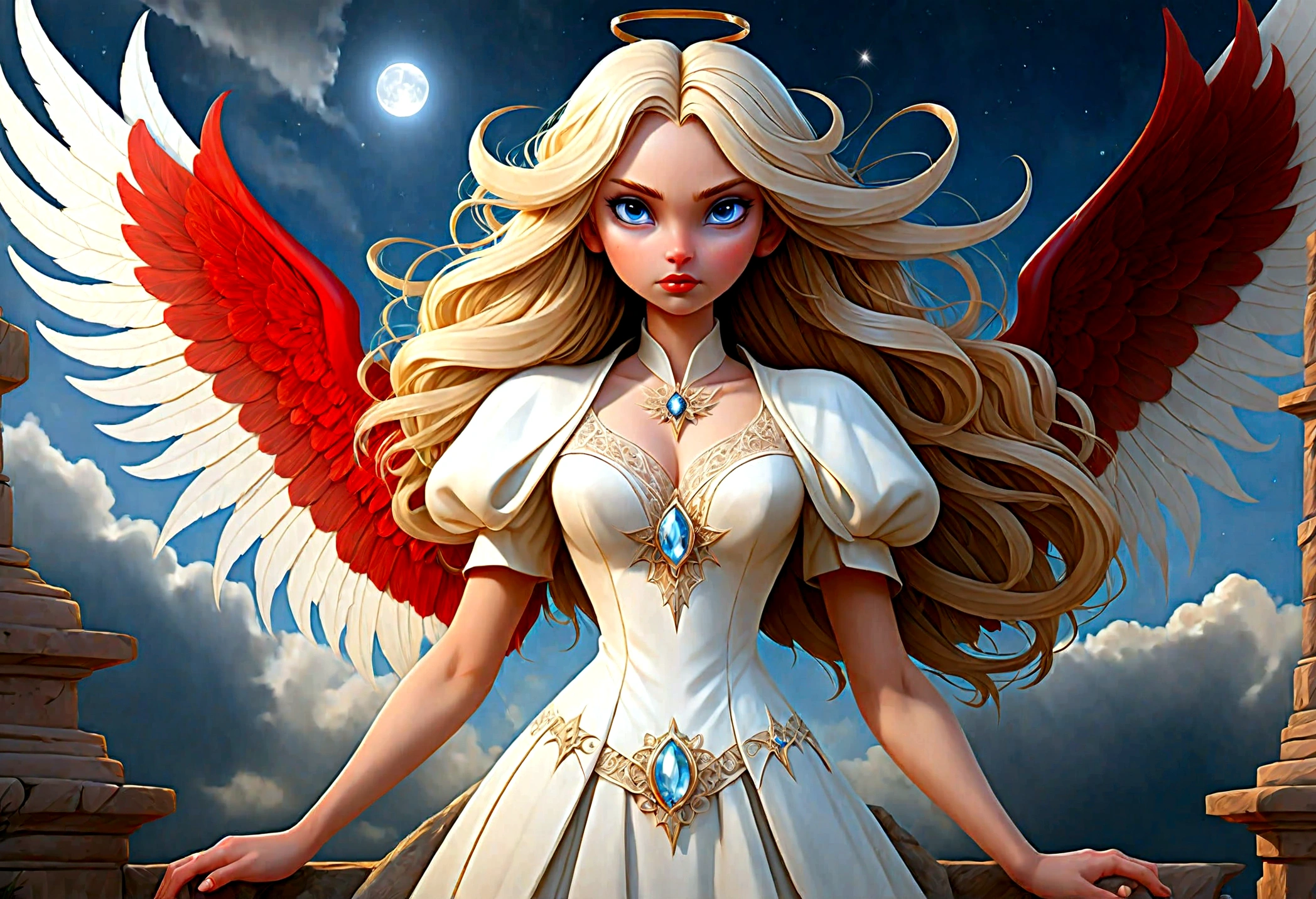 fantasy art, RPG art [[a picture of 2 women]], single1 female angel, wearing white dress, pale skin, beautiful face, blond hair, long hair wavy hair, blue eyes, high heeled boots, wearing a dress (Masterpiece, intricate details: 1.5), large angelic wings, white angelic wings spread AND a single1 female demon, red skin  demonic wings, black demonic wings spread, demonic horns, red skin, black hair, red eyes, beautiful face, wearing a dress (Masterpiece, intricate details: 1.5), high heels, in the border between heaven and hell, moon, stars, clouds, god rays, soft natural light silhouette, dynamic angle,  photorealism, panoramic view  Wide-Angle, Ultra-Wide angle, ultra best realistic, best details, 16k, [ultra detailed], masterpiece, best quality, (extremely detailed), photorealism, depth of field, hyper realistic painting