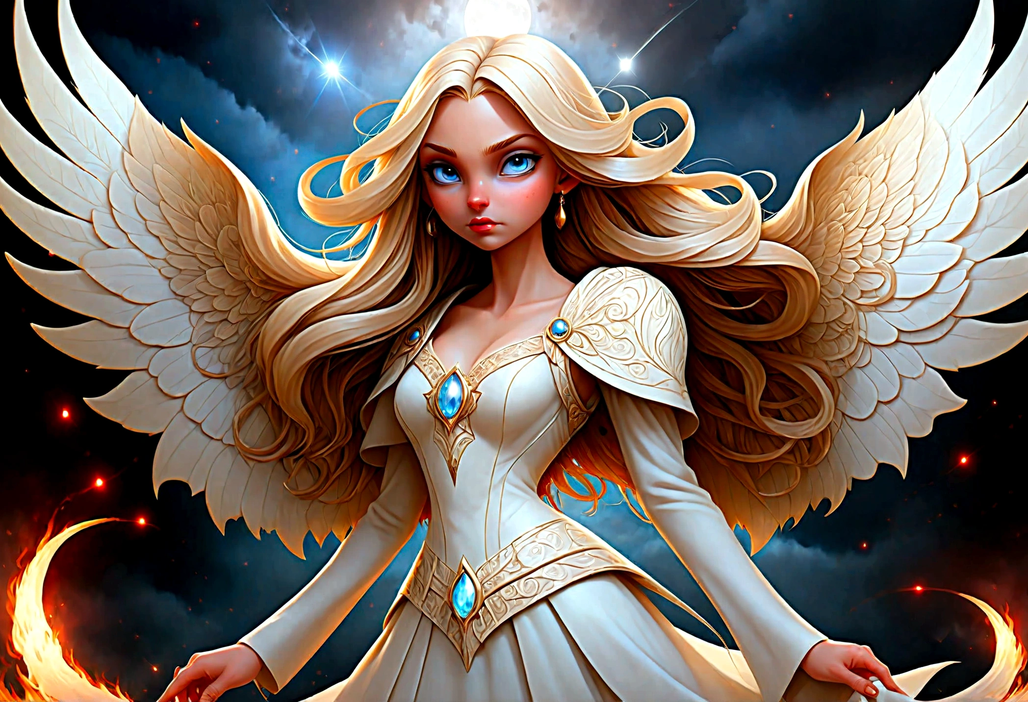 fantasy art, RPG art [[a picture of 2 women]], single1 female angel, wearing white dress, pale skin, beautiful face, blond hair, long hair wavy hair, blue eyes, high heeled boots, wearing a dress (Masterpiece, intricate details: 1.5), large angelic wings, white angelic wings spread AND a single1 female demon, red skin  demonic wings, black demonic wings spread, demonic horns, red skin, black hair, red eyes, beautiful face, wearing a dress (Masterpiece, intricate details: 1.5), high heels, in the border between heaven and hell, moon, stars, clouds, god rays, soft natural light silhouette, dynamic angle,  photorealism, panoramic view  Wide-Angle, Ultra-Wide angle, ultra best realistic, best details, 16k, [ultra detailed], masterpiece, best quality, (extremely detailed), photorealism, depth of field, hyper realistic painting