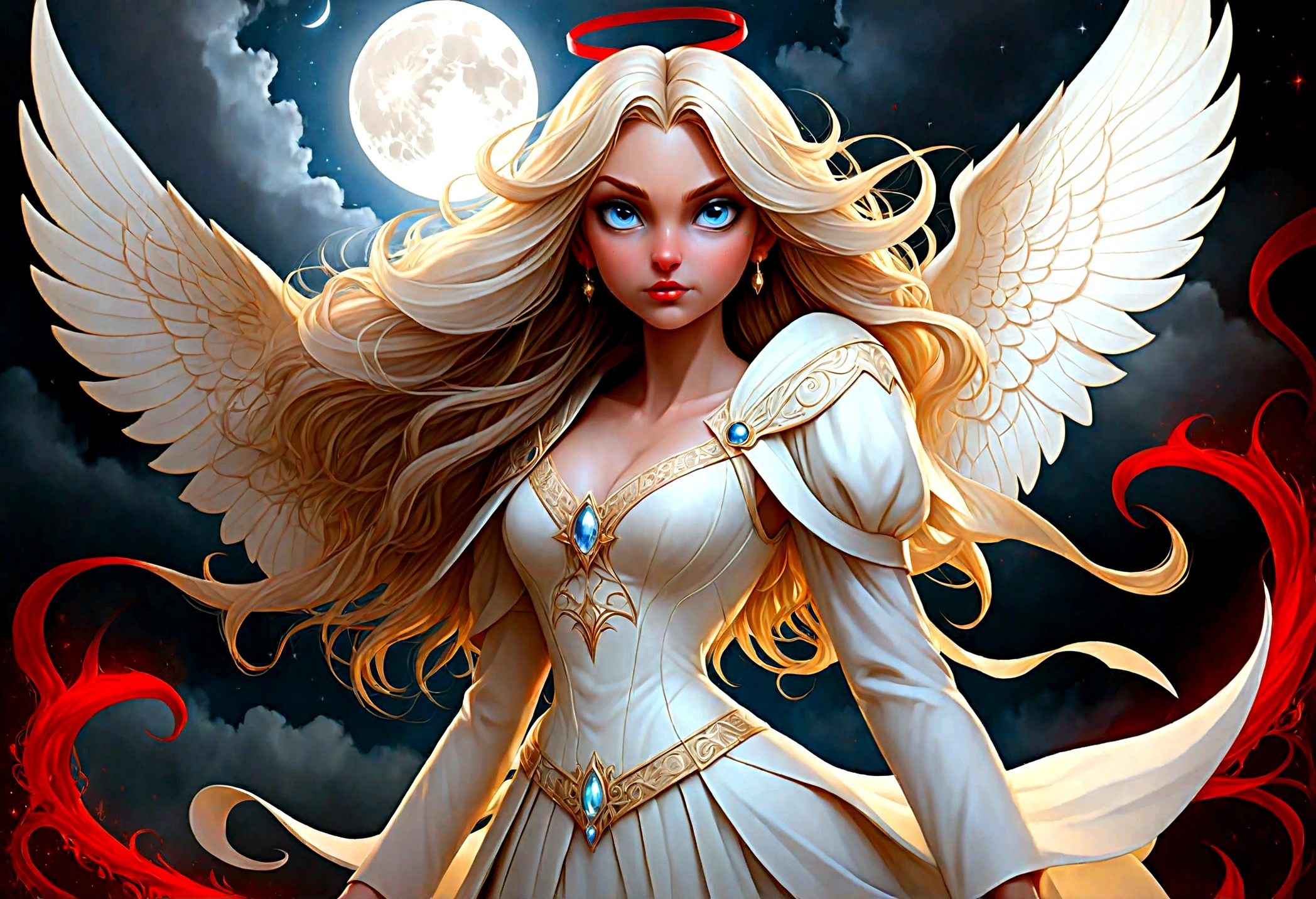 fantasy art, RPG art [[a picture of 2 women]], single1 female angel, wearing white dress, pale skin, beautiful face, blond hair, long hair wavy hair, blue eyes, high heeled boots, wearing a dress (Masterpiece, intricate details: 1.5), large angelic wings, white angelic wings spread AND a single1 female demon, red skin  demonic wings, black demonic wings spread, demonic horns, red skin, black hair, red eyes, beautiful face, wearing a dress (Masterpiece, intricate details: 1.5), high heels, in the border between heaven and hell, moon, stars, clouds, god rays, soft natural light silhouette, dynamic angle,  photorealism, panoramic view  Wide-Angle, Ultra-Wide angle, ultra best realistic, best details, 16k, [ultra detailed], masterpiece, best quality, (extremely detailed), photorealism, depth of field, hyper realistic painting