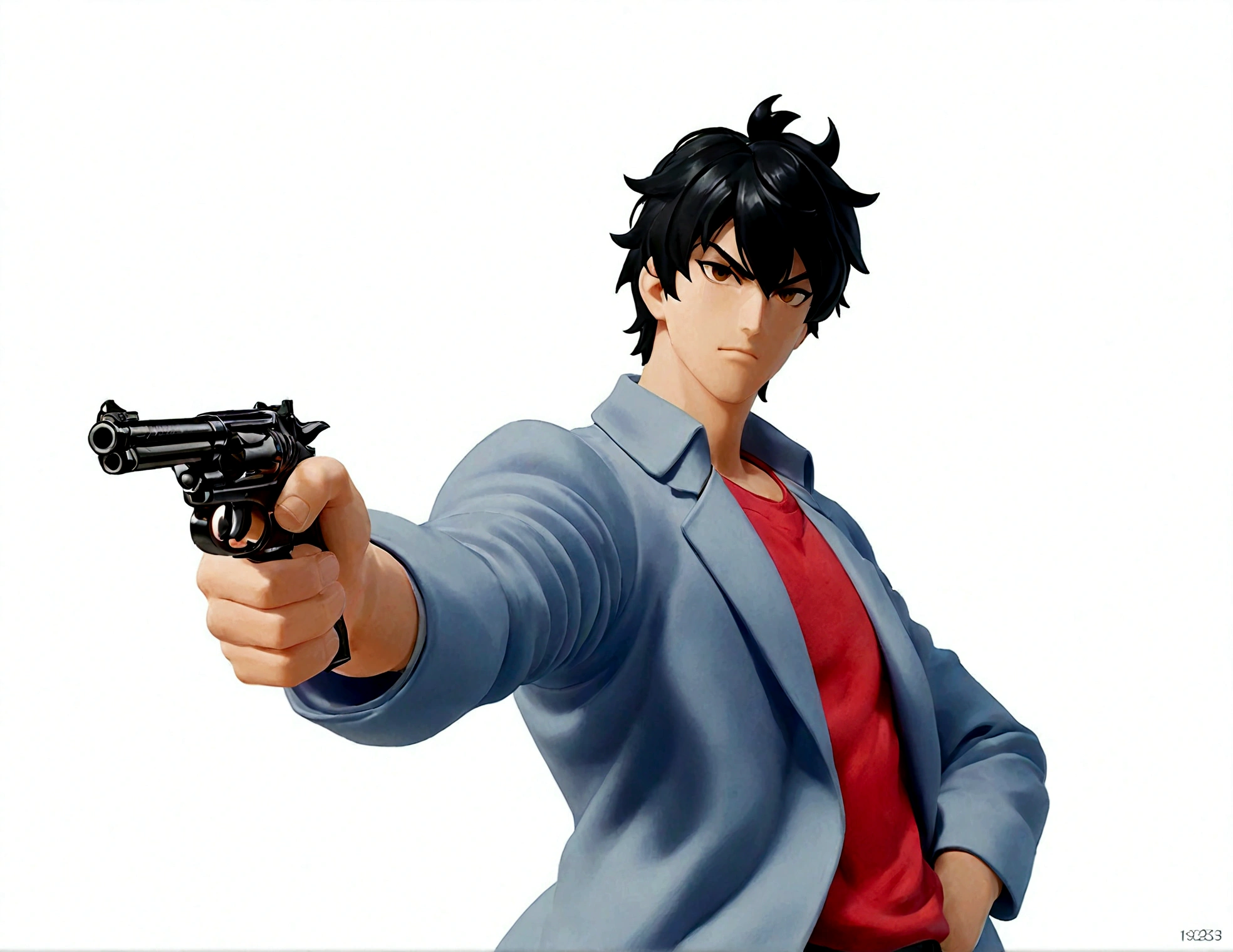 1boy,拿着gun,Blue coat,Red lining,Black Hainger on the trigger,gun,手gun,持gun,arms,Male focus,,solo