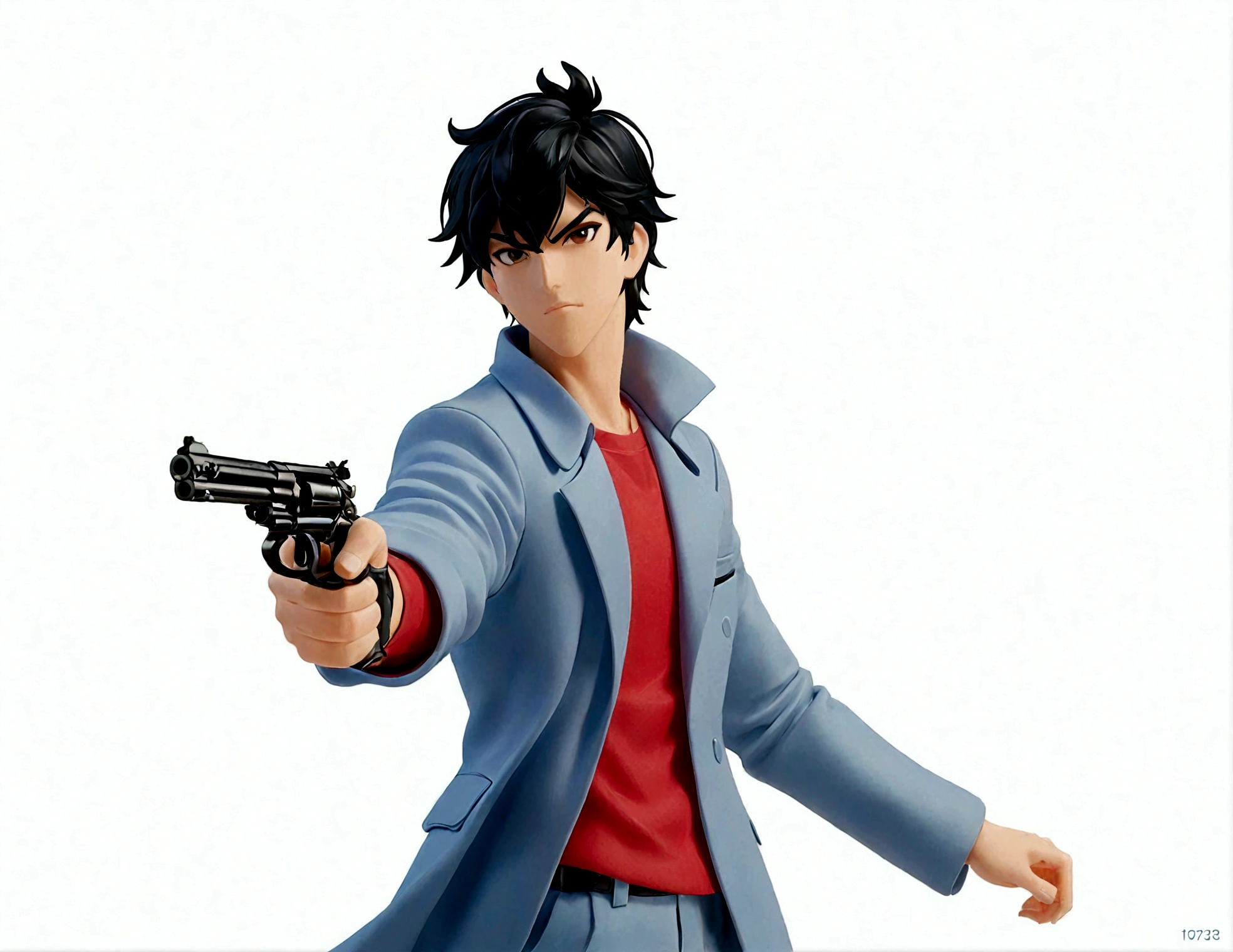 1boy,拿着gun,Blue coat,Red lining,Black Hainger on the trigger,gun,手gun,持gun,arms,Male focus,,solo