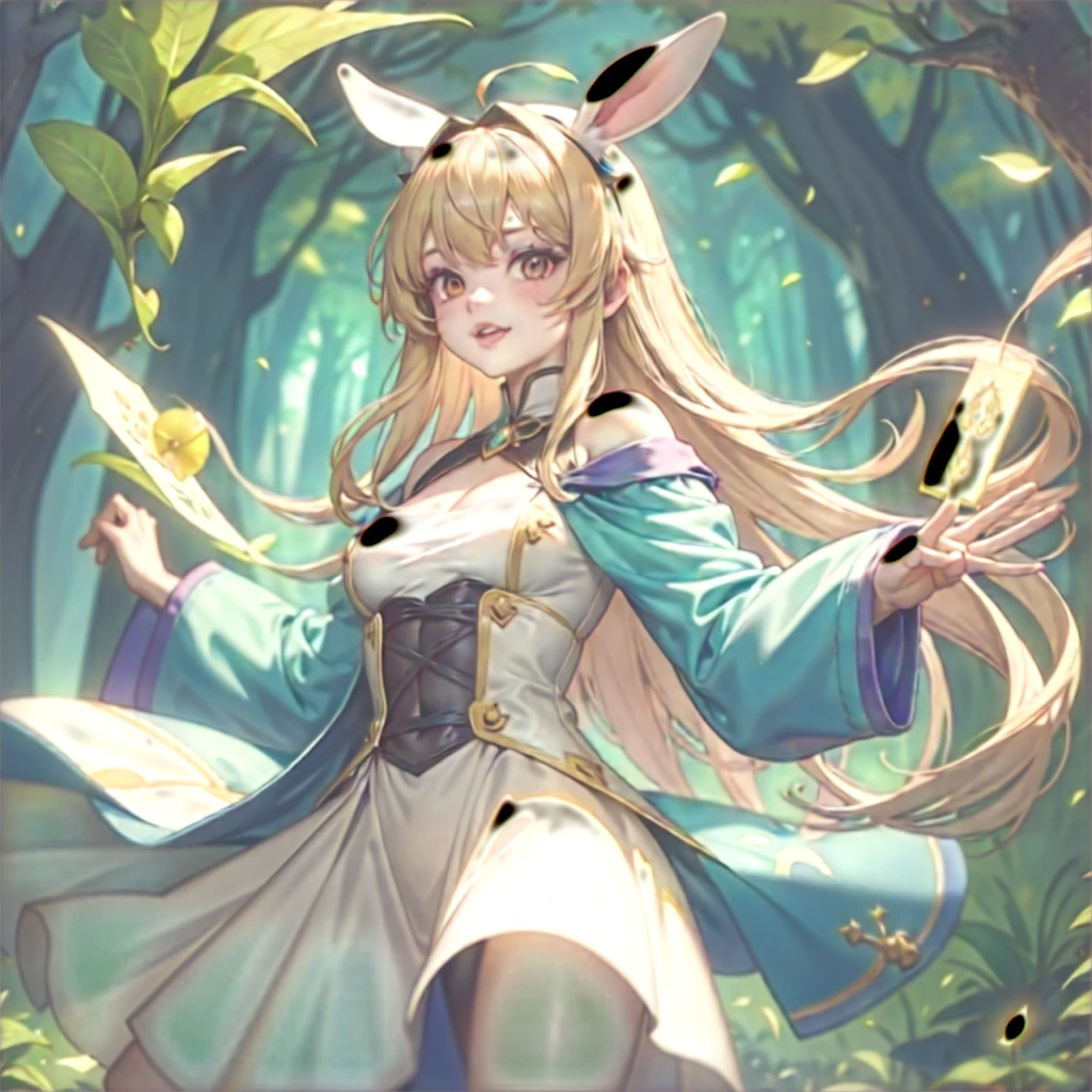 Healer humanoid rabbit from medieval times enchanted forest background 
