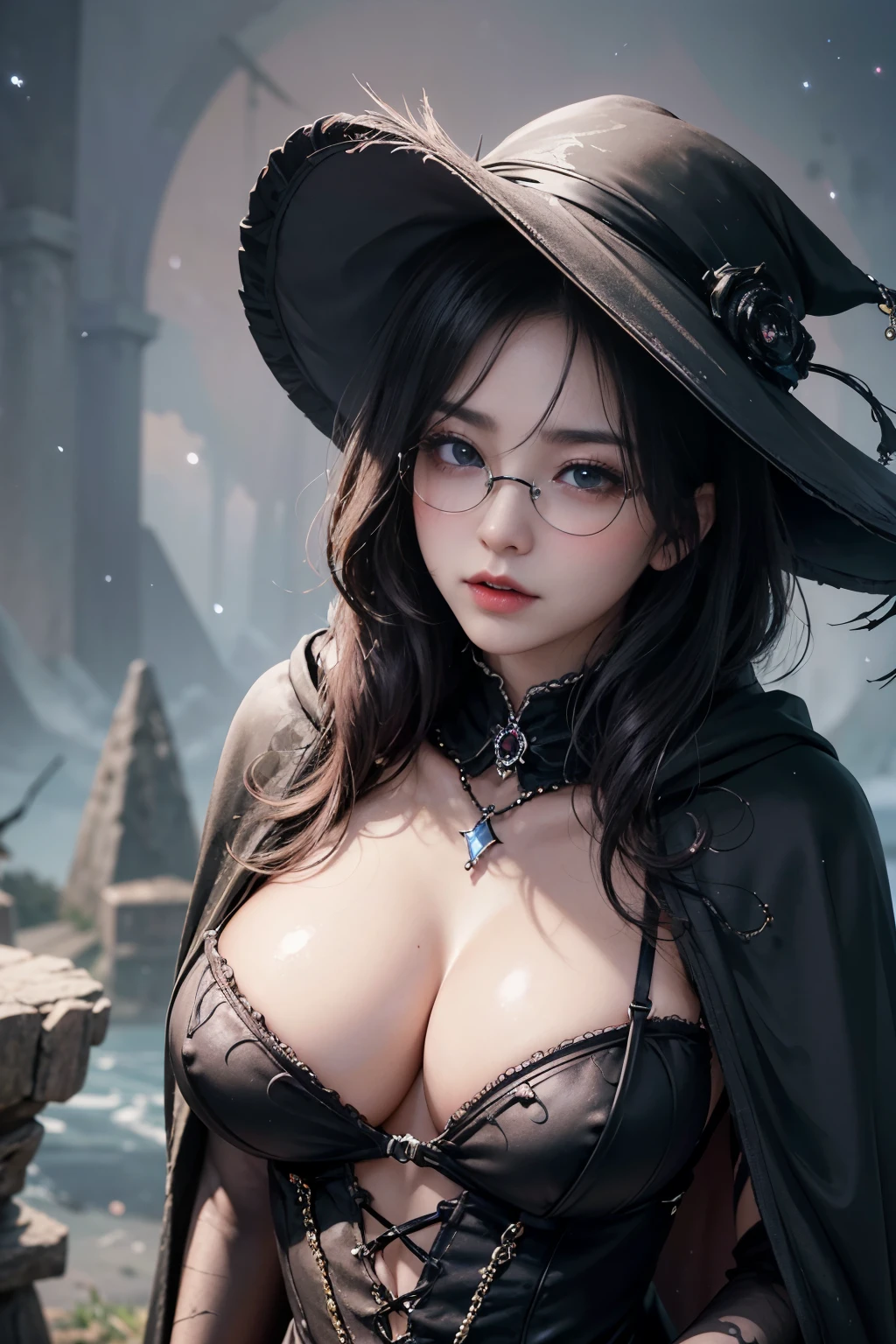 (Fatal Beauty,A charming villain,witch) ,(A supple and powerful physique),(Sensual charm),(Mysterious charm:1.1),(Captivating silhouette),((((Glasses))))、((((big sapphire necklace))))、(highest quality,High resolution:1.2),(dark,Threatening:1.1),((dark horror theme:1.5),(Thriller:1.5)),(Dark fantasy:1.5),  (((Countless stars fly away:1.5),(Absurd:1.5),(wonderful:1.5))),Woman in a dress, (Powerful numbers:1.1),(((Big Breasts))),(((Muscular:1.1))), cute face, Sexy Face, , Very detailedなbeautiful女の子, (Ideal body type:1.8), Very detailed faceexpressive lips, (Very beautiful、Crisp big eyes:1.5), Fine skin., All features are shown in detail., The outline of the fingers is beautifully drawn....., The nose is precisely shaped., expressive lips, Perfect Anatomy,cute、Realistic、(Front view:1.4),(Face Focus:1.3), realistic girl rendering, 8k artistic german bokeh, Enchanting girl, Real Girls, Gurwitz, Gurwitz-style artwork, Girl Roleplay, Realistic 3D style, cgstation Popular Topics, 8K Portrait Rendering,(truth，truth：1.4),Sexy Body,( Very lean body:1.6),Sexy pose, blush, Attractive body, Very curly hair, Purple Curly Hair, very big hair, Very curly hair, prime color,Urban,Very detailed,masterpiece,Intricate details,Faded,Very detailed, Eye for details,Intricate details,Dark and spooky atmosphere,  Spiritual Beings, Unforgettably beautiful, Ghostly figures, Shadow-like shape, Spooky whispers, Ominous Aura, Goth Maiden,  Like dazzling fur in a starless haze,Her Mogul Snaps, Mysterious Cemetery,Black hair swaying in the moonlight, She summons darkness, (beautiful: 1.7), (Black Hat: 1.6), (An intricately decorated jet-black cloak: 1.6), (Delicately decorated cloak, Despite the damage: 1.5), Hypermaximalist,  Breathtaking oil paintings, Surreal, Ultra-realistic digital illustrations that mimic the style of oil paintings, Wonderful configuration,  (Shining Eyes:1.6)、(Glowing Eyes:1.1),(hellish landscape:1.1),(fire,sulfur:1.1),(Threatening atmosphere:1.1),(dark shadows,Threatening pre