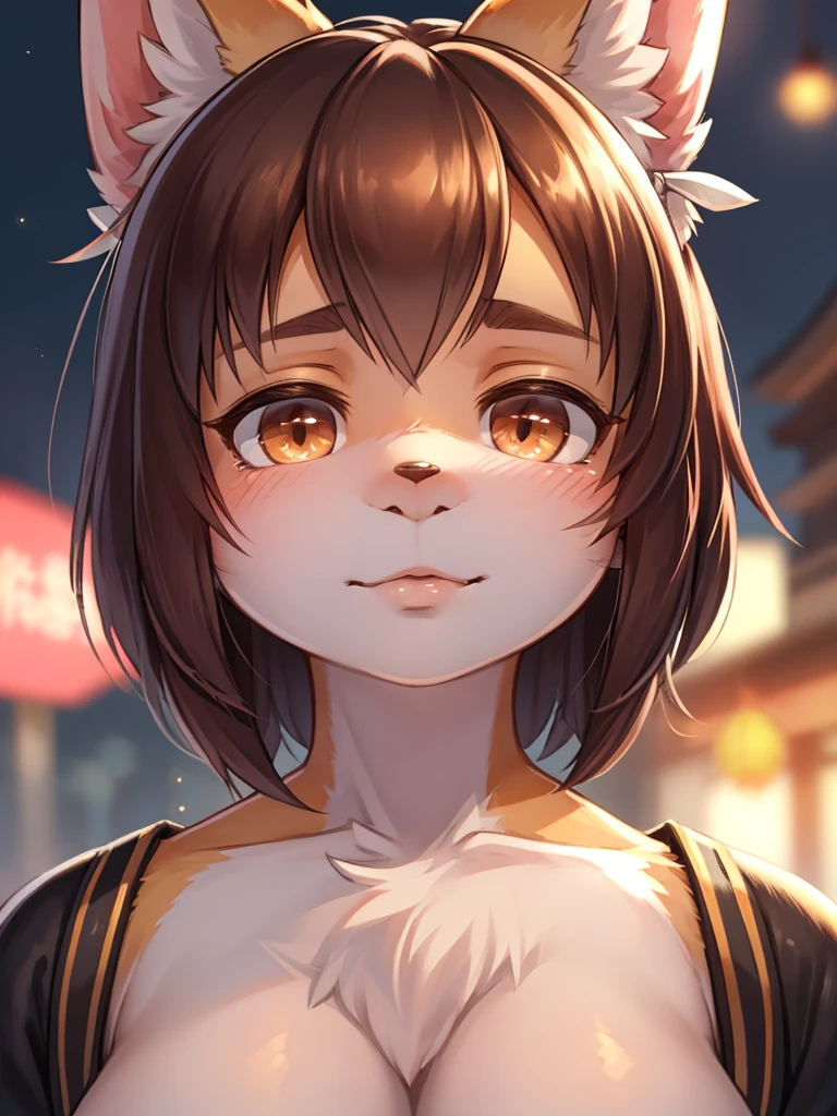 Hallucination, daydream , fantastic , Fear , bokeh , hairy fur , fox girl , hair tie , Medium hair , up hair , natsu matsuri , Japanese festival , Sensual nape , Fireworks display , front view , (closeup face:1.9) , glossy lips , round face , detail , Close eyes and pout