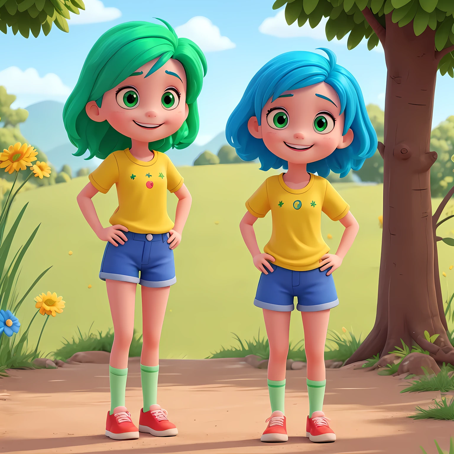 create character of a with blue and green hair, with big eyes and smiling, wearing red shorts and a yellow blouse. Girl solo, background green.
