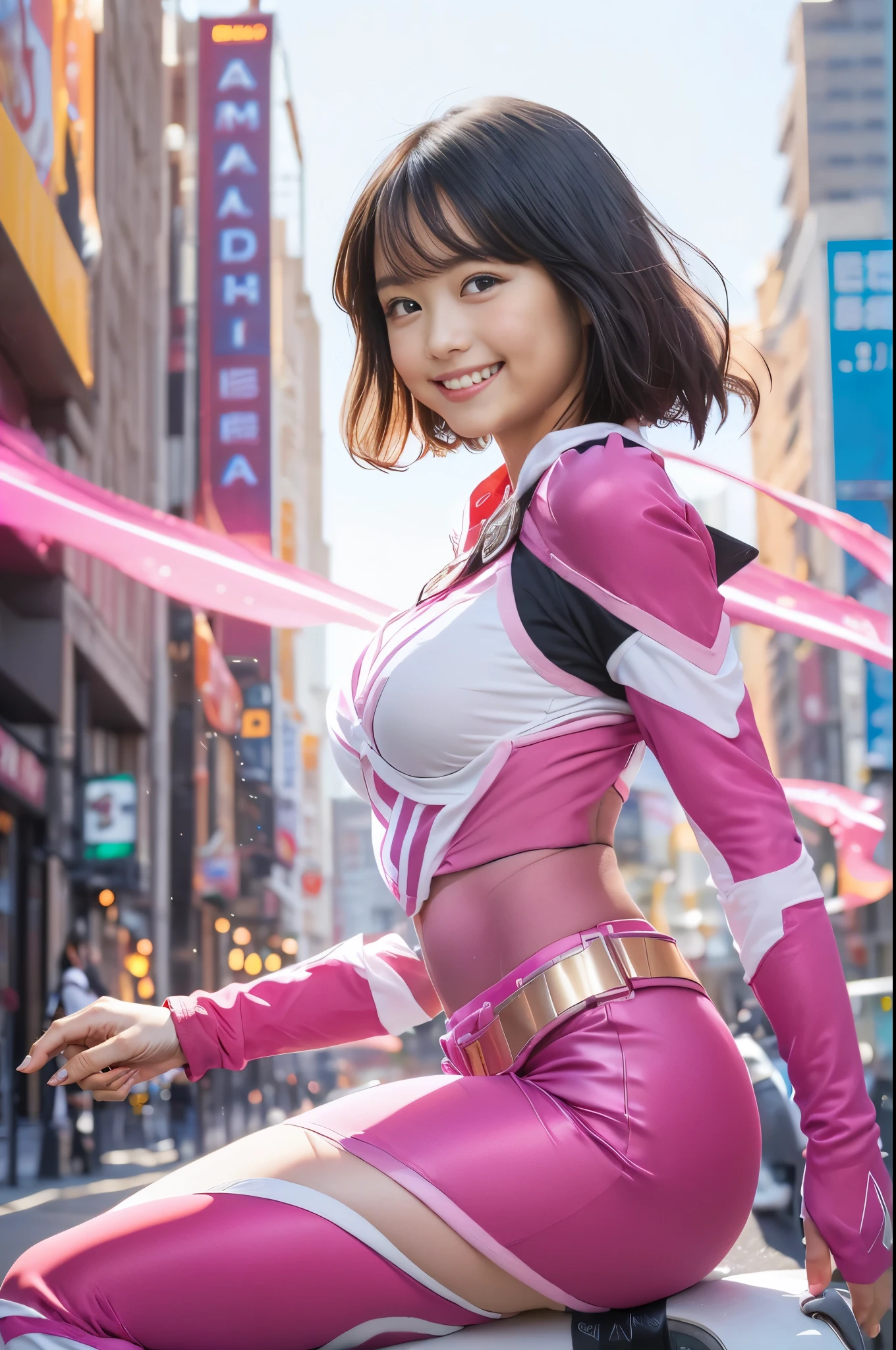 （8k、Raw photography、highest quality、masterpiece：1.2),(Black Hair、Dark Eyes:1.9),(Pink Ranger:1.6)、View your viewers,Viewed from the front,White skin,(:1.6)、(Tight waist:1.6)、(Clothes that accentuate the shape of the breasts:1.0)、(Big Breasts :1.3)、Slim figure、Ultra-high resolution,beautiful,beautiful fece,(one person、No background:1.9),whole bodyボディー,Japanese women,（reality的：1.37）、Photon Mapping,reality、(Baby-faced and cute: 1.4)、(Cute Smile: 1.8)、(Round face: 1.8)、Radio City、Physically Based Rendering、Depth of field rally background、photograph, (I can see your knees、Thigh close-up:1.8),（:1.6）,whole body、Great quality