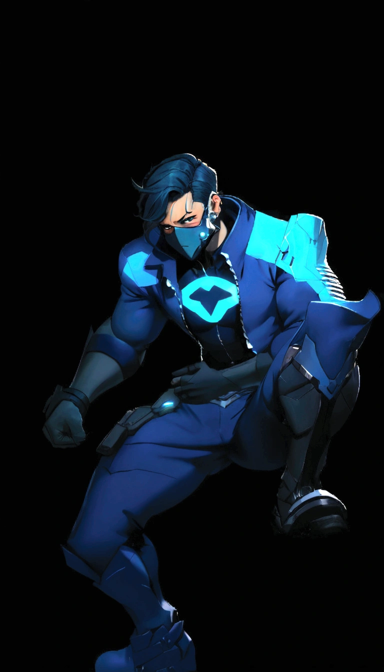 Batman in a blue suit with a bright blue mask, sigma de overwatch, avaliando character, cyberpunk hero, acionar estilo de arte de anime, hero 2d fanart artsation, cibernegro, como um personagem de overwatch, vestido com armadura furtiva, jett from avaliando, arte do personagem o contra, Ciborgue Azul, omen from avaliando, wise ( avaliando )