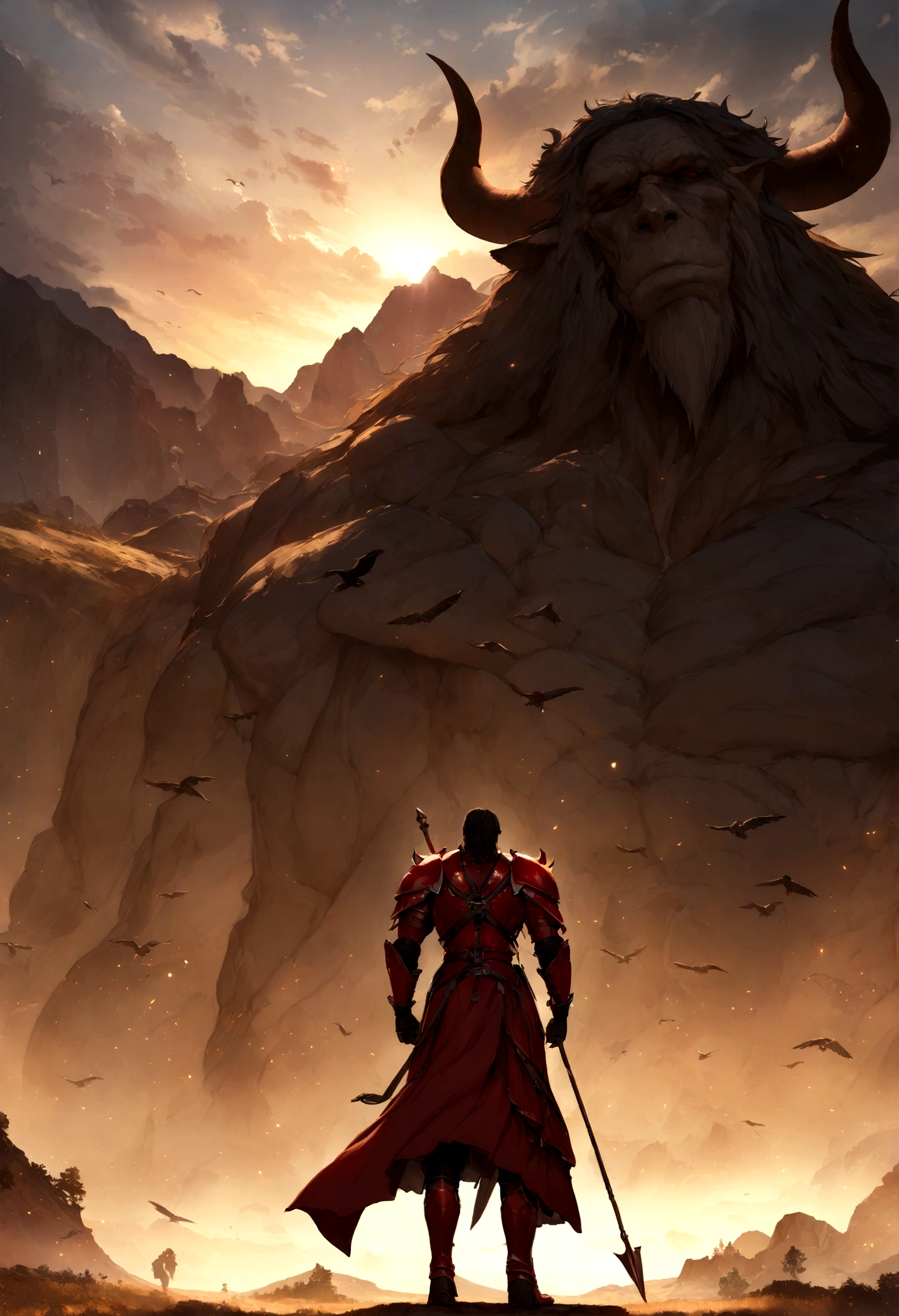 "(Ultra-detailed CG unity 8k wallpaper, Masterpiece, Best quality, Depth of field, hdr, Intricate), (by Greg Rutkowski: 1.2), A young male warrior, back vision, next to a dead giant bird. full body. beautiful crimson eyes. Wearing a crimson leather armor. Branding a large steel spear. Cattle meadow landscape.