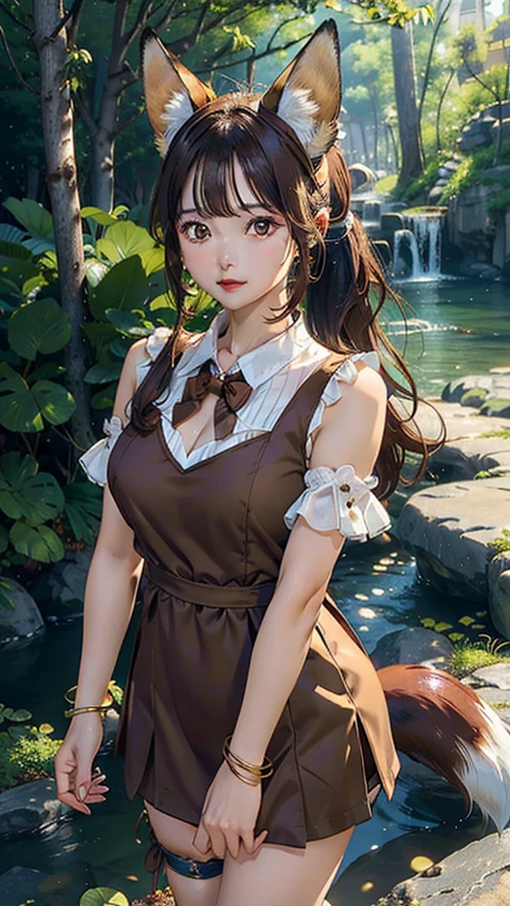 Masterpiece, best quality, Ultra Detailed, RAW Photo, (Photorealistic:1.4), HSR Tingyun, 1girl, solo, bangs, (fox ears), medium breasts, clothing cutout, cleavage cutout, animal ears, fox girl, brown dress, ponytail, bowtie, dress, (bracelet), jewelry, cleavage, detached sleeves, (blue bracelet), white sleeves, shirt, sleeveless shirt, gold trim, brown dress, (tail, fox tail), earrings, dynamic angle, outdoor deep forest,