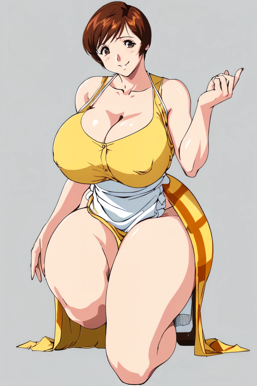 masterpiece, highest quality, High resolution, 1girl, solo, sexual intercourse, Pornographic image, short hair, etsukoto, brown eyes, fine grain, fine grain, (((Thick thighs, Plump thighs, Voluptuous thighs, Thighs are enough))), huge and ample breasts, Cleavage, Huge long breasts, Naughty big,((huge breasts are important))、((Naughty thighs)), L Cup, (thin:1.4),(Tight waist:1.4),  (yellow dress:1.4), ((white waist apron)), white panties, smile, (((Simple Background))), ((Wide Hips)), Shiny, Oily skin, Mature mother, Calf, Seductive mature woman, Perfect body, Plus Size Model, etsukoto, clavicle, retro artstyle, 1990s (style), (((on one knee, show off legs))),