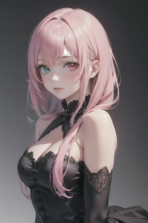 One girl, Pink Hair,Mullet,black gothic dress,Fine grain,Heterochromia iridis,Realistic,