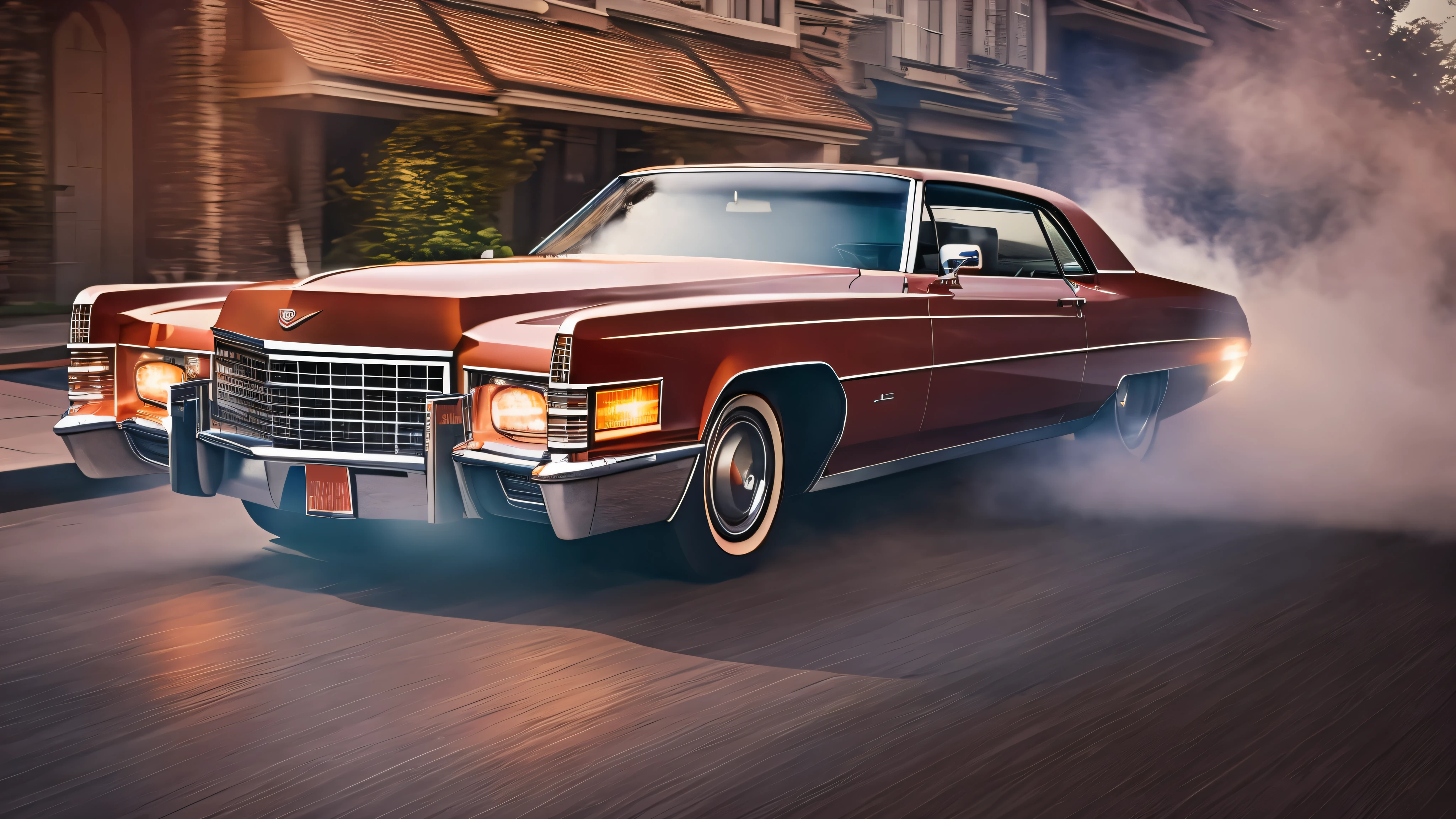 1970s cadillac driving down the street with smoke coming out of the windows, 35mm, atmospheric perspective, depth of field, cinematic lighting, reflection light, backlighting, masterpiece, anatomically correct, textured skin,