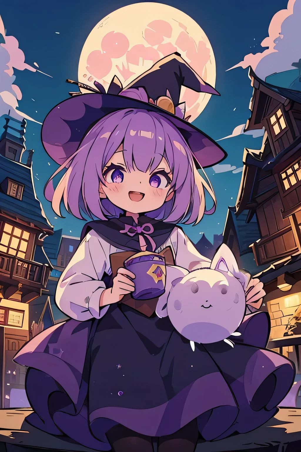 Tabletop, highest quality, Little, Wizard Tea , witch, Beautiful witch, Happy, Vibrant, colorful,(((Big full moon)))、Under the full moon,Light purple hair,short hair,broom,Dynamic Angle