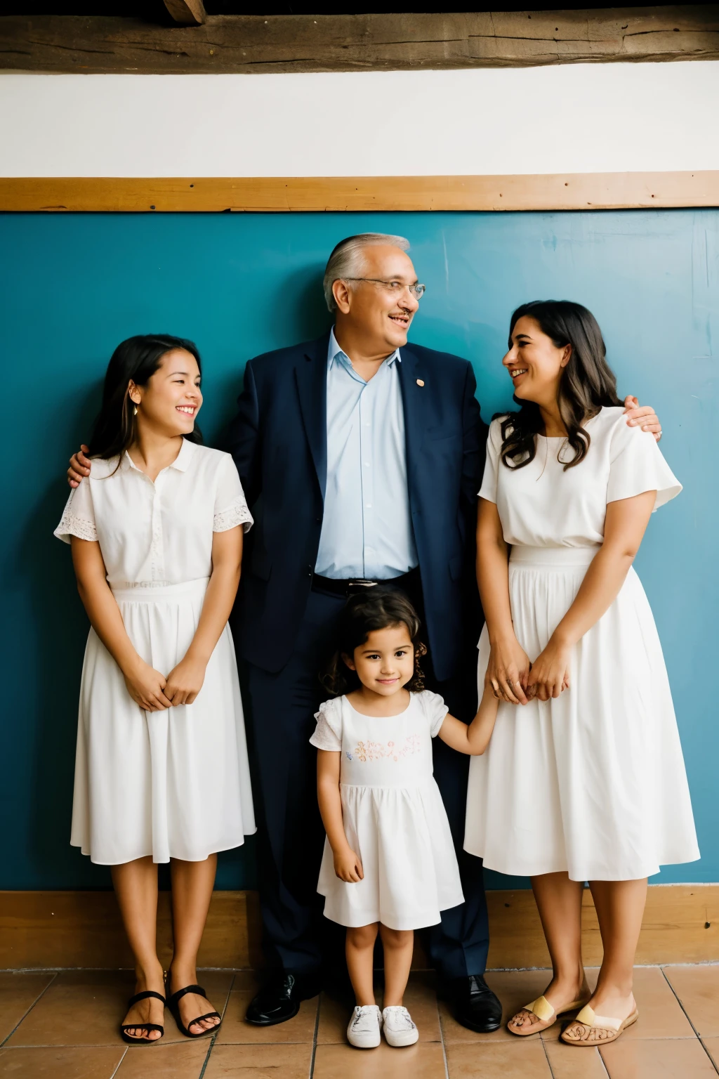 Un padre, standing in the center of the room, with a warm and loving expression on his face. A su alrededor, their children of different ages are gathered, algunos sentados en el suelo, otros de pie, and maybe one in your arms or on your knees if you're sitting in a chair. The lighting is soft and warm, perhaps from a floor lamp or a dim window light, creando un ambiente acogedor y seguro.
El padre tiene una mano levantada, with extended index, como si estuviera haciendo un punto importante en su discurso. The children look at him carefully, some with admiring faces, otros con sonrisas, y tal vez uno o dos con brazos cruzados, como si estuvieran reflexionando sobre sus palabras.
On the wall behind them, or on a blackboard, se puede ver una frase escrita: "The power is in union and family love". This phrase is the central topic of the conversation they are having.
Around the room, You can see elements that symbolize family unity: fotos de familia, A family tree, or perhaps a mural with children's drawings depicting happy times together.
Esta escena captura la esencia de la importancia de la unidad y el amor en la familia, with father as guide and mentor, and children as recipients of their wisdom and love.