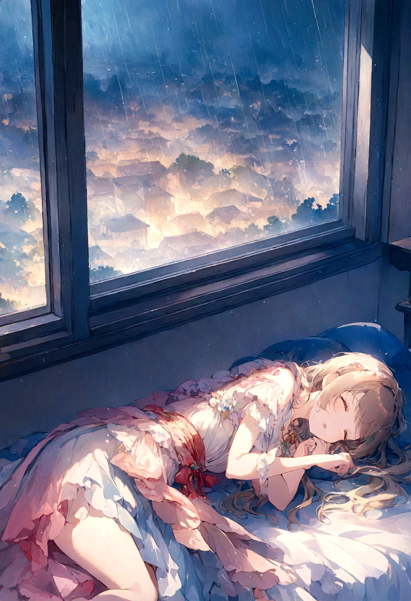 A girl enjoys playing a mobile game while enjoying the sound of rain outside the window. She is lying down. A supreme moment, an elaborate Japanese anime illustration.