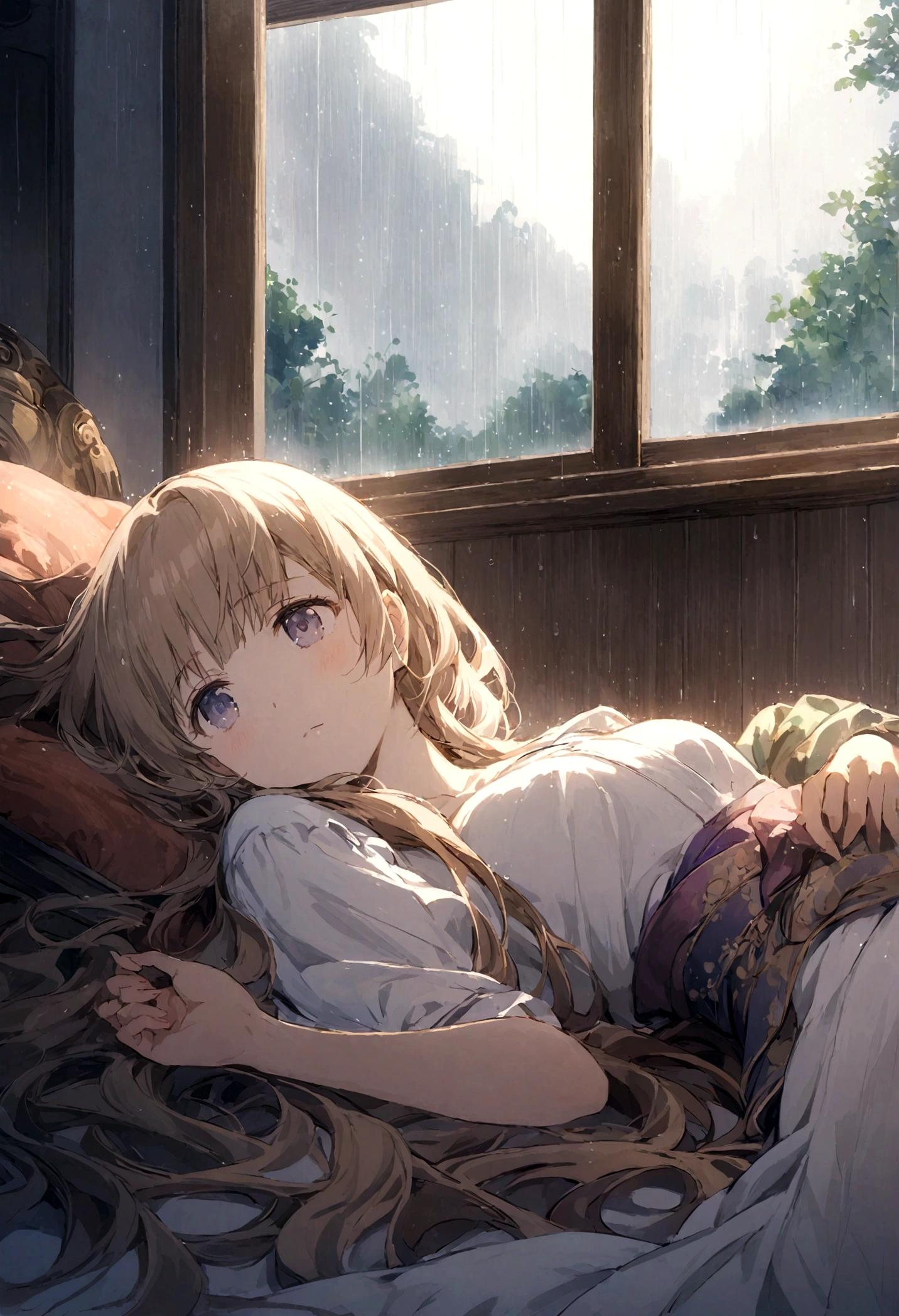 A girl enjoys playing a mobile game while enjoying the sound of rain outside the window. She is lying down. A supreme moment, an elaborate Japanese anime illustration.