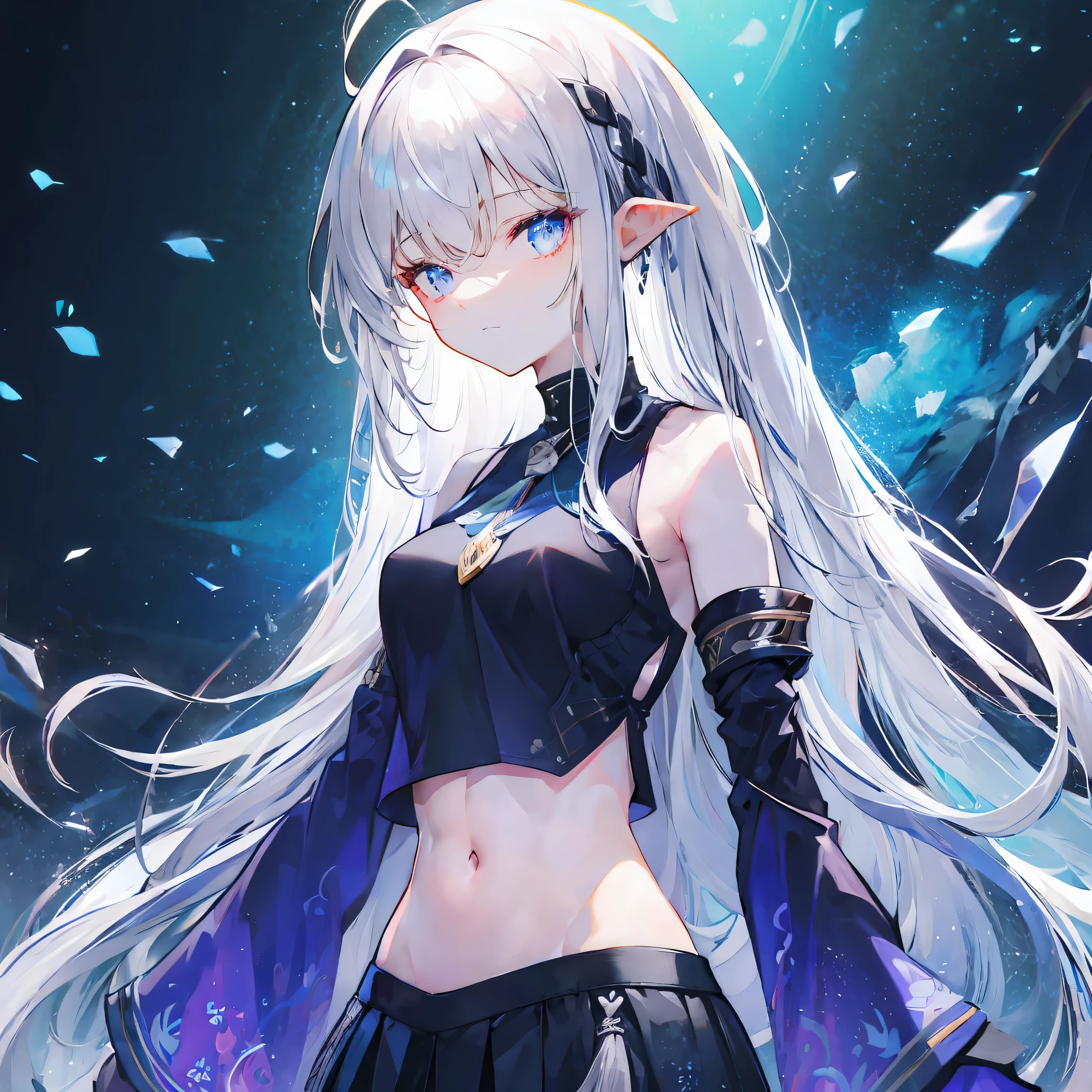 With dark forest background，Light purple gradient hair,asymmetrical hair,（（Thick hair 1.8，Clear head outline 1.6））， Shoulder-length hair, messy hair, Very long hair, shiny hair，(long gray hair:1.2),A beautiful girl，（White Hoodie, Black skirt，Navel，Bare shoulders，Blue tie）(Separate sleeves,Wide sleeves),(Fingerless gloves)，（Transparent clothes transparent 1.8），Perfect body，，(Looks sad，Looks haggard ，Grief，shut your mouth：1.2） ，Upper body photo。（avatar）