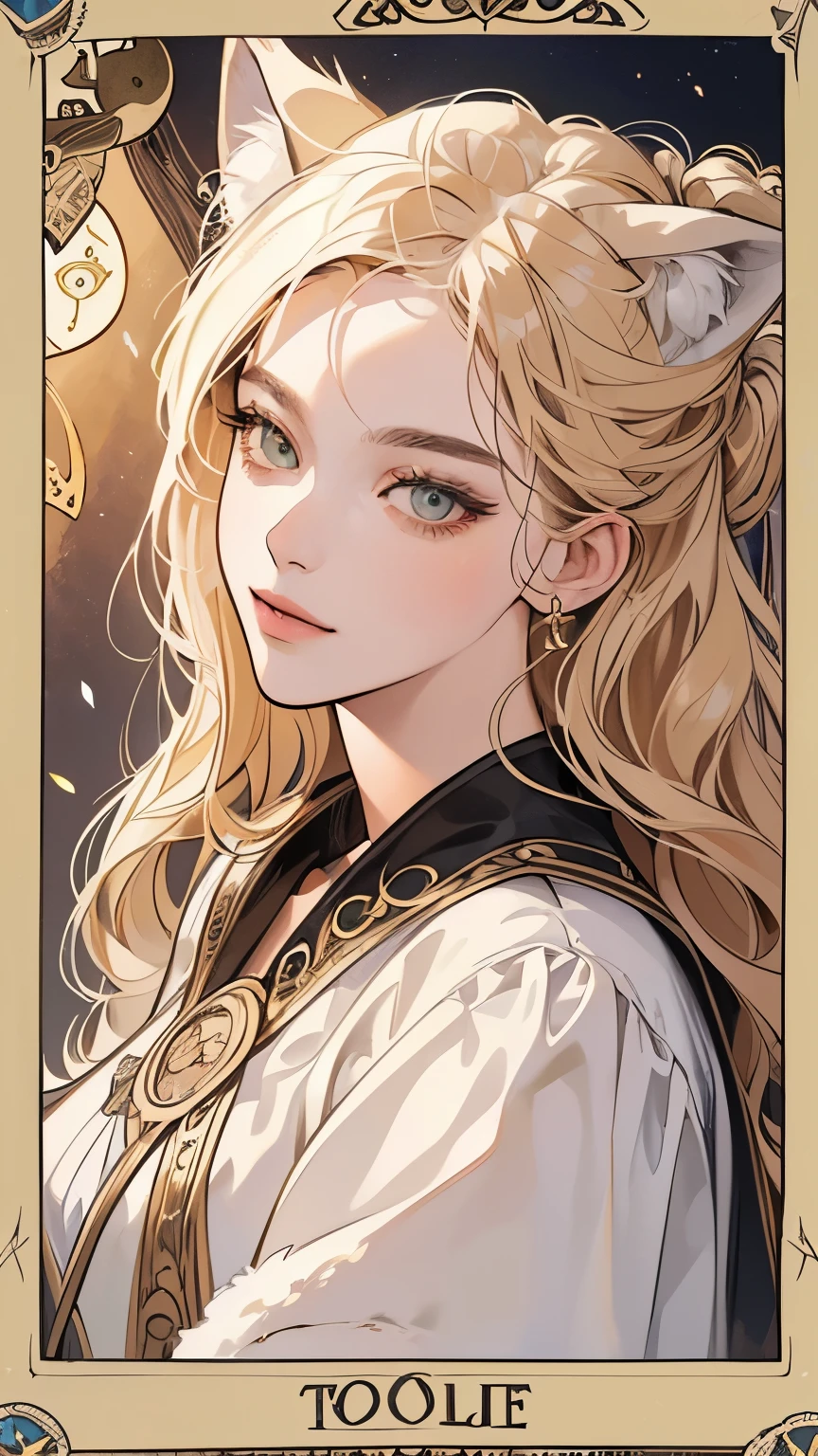 Best quality, 1 wolf, logo,14k, intricate and detailed,(((tarot card frame))), (((1 woman and wolf))), detailed fur, sparkling eyes, corporate logo, golden, panoramic, long shot, front, flowers, head shot, looking at viewer, beautiful goddess, Very detailed hair, zodiac sign, Pale Lighting, Top Quality, (((Various hairstyles))), (((head shot)))