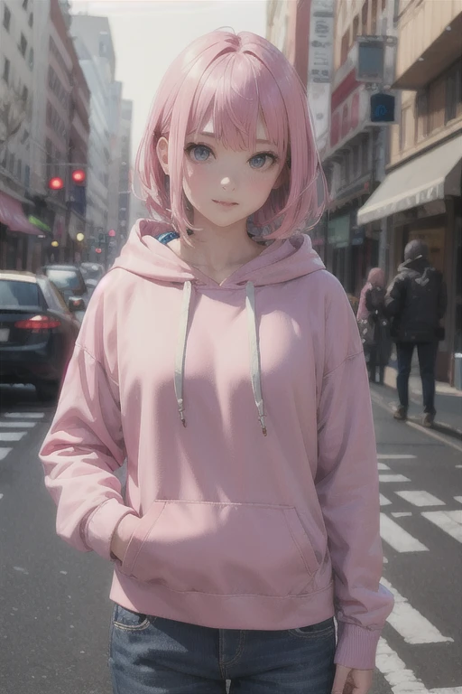 One girl, Pink Hair,Mullet,hoodie,Realistic,