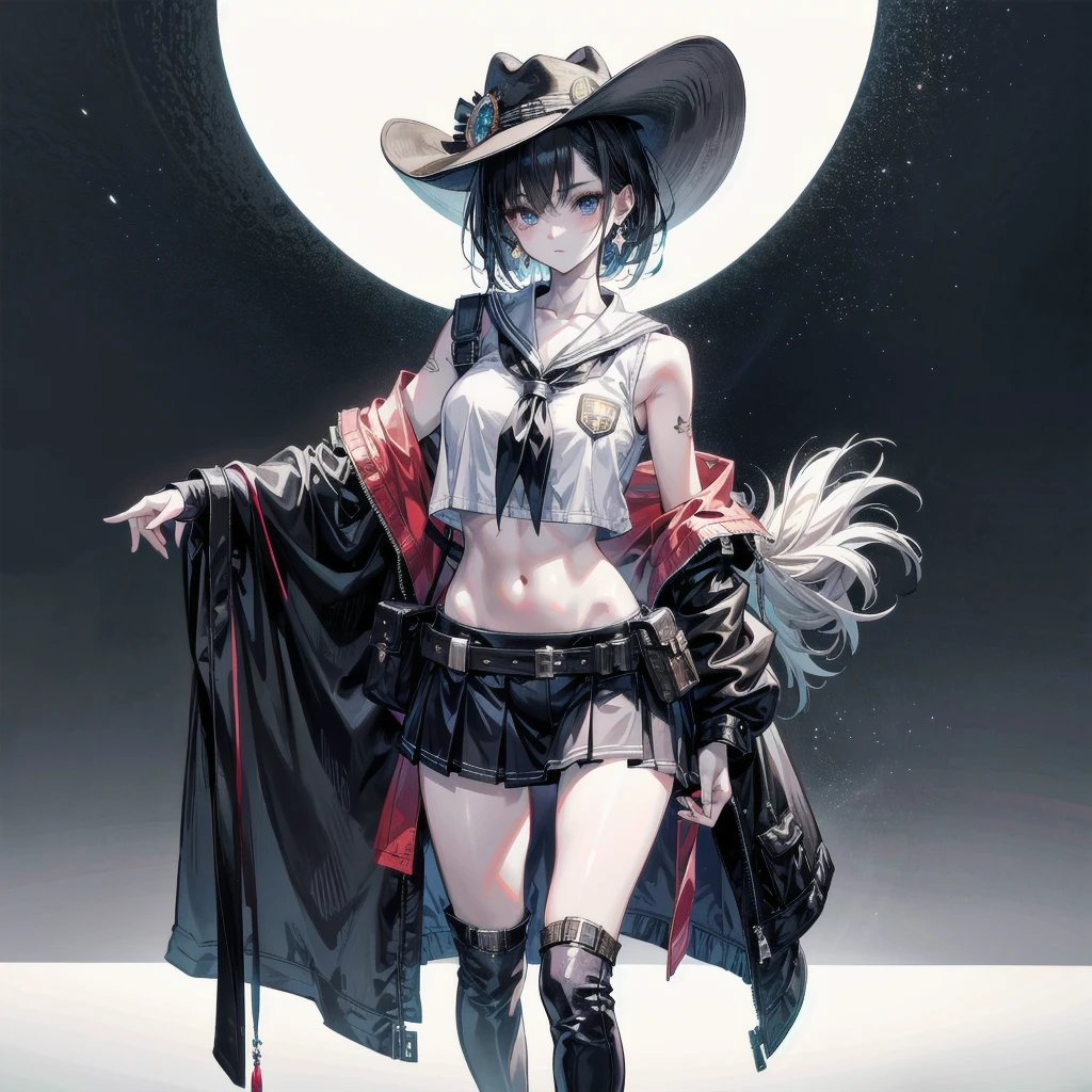 ((full body shot)), cowgirl costume, vest, cowboy hat, fingerless gloves, midriff, neckerchief, short skirt, holster, absurdres, RAW photo, extremely delicate, extremely beautiful, masterpiece, Best Quality, ultra high resolution, 32k, hyperrealistic, ultra-detailed description, perfect anatomy, correct body, ideal ratio of body proportions, pale skin, 20 years old, detailed beautiful face, detailed beautiful face eyes, tearful mole, earring, short medium hair, black hair, Colossal tits, 