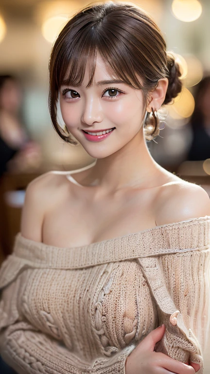 (masterpiece:1.5)、(Realistic:1.5)、(highest quality:1.4、8k、RAW Photos)、 Ultra-high resolution、Professional Lighting、Perfect dynamic composition、Photo shoot at an antique and stylish cafe、 Film Grain、chromatic aberration、(Bokeh:1.3)、 Frank、Sophisticated、charm、超Realistic、High detail、(Golden Ratio、Anatomically correct:1.2)、 (1 girl)、Slender girl、Large Breasts、繊細でcharm女の子、Cute Woman:1.4、 Bright smile、Looking at the audience、(Off-the-shoulder knit:1.4)、(Light brown hair、Shiny Hair、Updo Hair:1.4)、 Realistic looking skin、Fine Eyes、double eyelid、Thin arms、