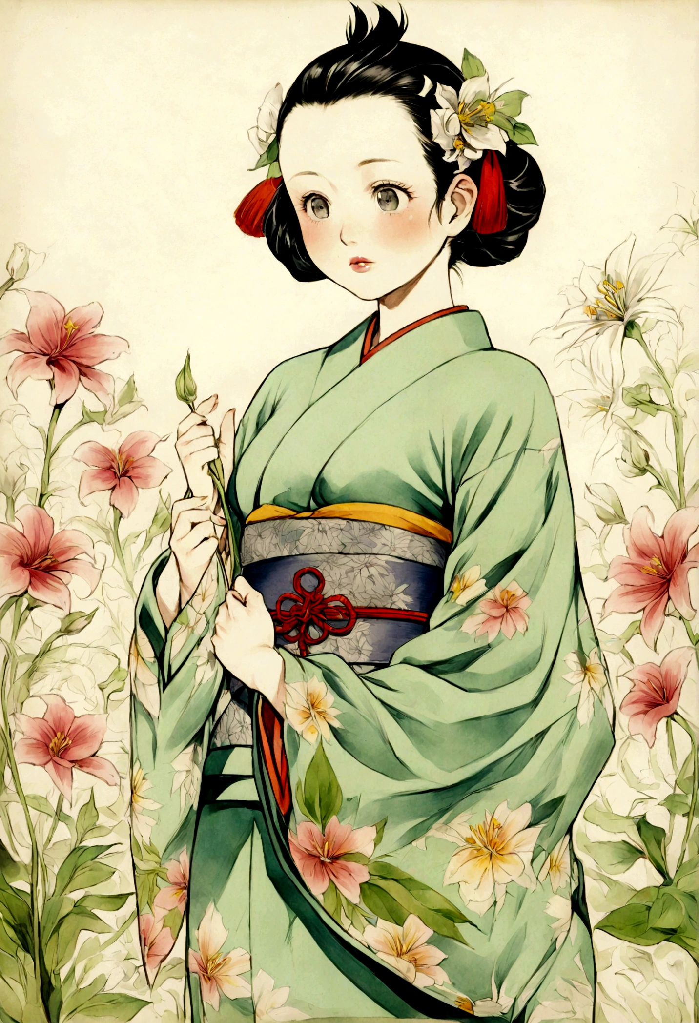 Menela style, by Ernst Haeckel, flowers in kimono, beautiful girls, botanical art, exquisite illustrations of beautiful Japanese women