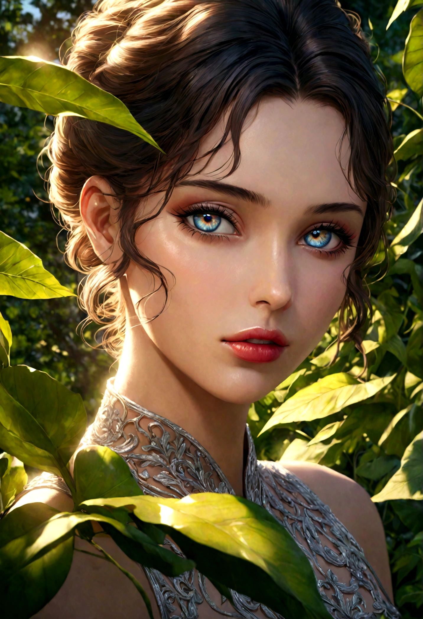 (masterpiece, best quality:1.2), 1girl, solo, beautiful detailed eyes, beautiful detailed lips, extremely detailed face and features, long eyelashes, elegant expression, photorealistic, highly detailed, hyper realistic, intricate detail, 8k, realistic lighting, cinematic lighting, dramatic lighting, vibrant colors, glowing skin, beautiful background, serene garden, lush foliage, natural setting