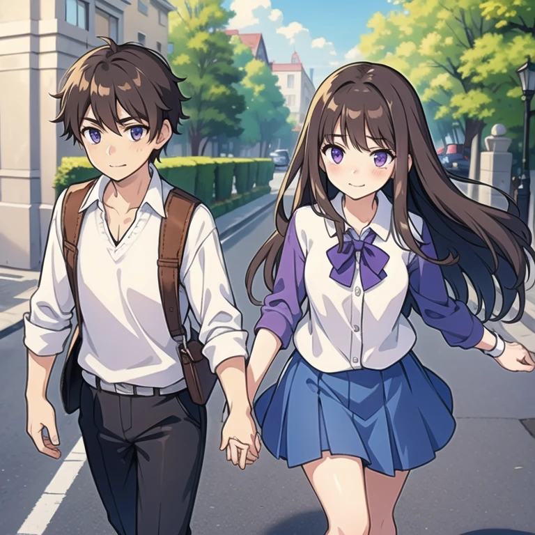 best qualtiy, high quality, 1 female, 1 boy, girl has long brown hair and purple eyes, wears long Blue skirt, boy has short brown hair and green eyes, beautiful eyes, boy wears , holding hands, girl blush face, romantic atmosphere, boy shy smile on his face, walking in the street, sunny day