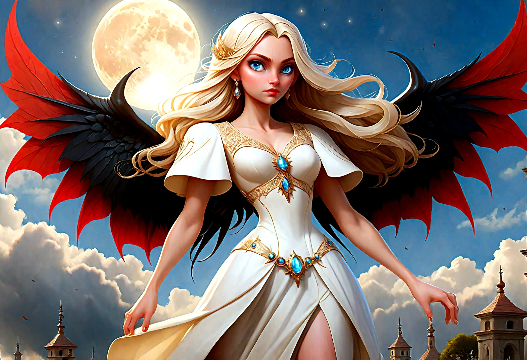 fantasy art, RPG art a ((picture of 2 women: 1.5)), single1 female angel, wearing white dress, pale skin, beautiful face, blond hair, long hair wavy hair, blue eyes, high heeled boots, wearing a dress (Masterpiece, intricate details: 1.5), large angelic wings, white angelic wings spread AND a single1 female demon, red skin  demonic wings, black demonic wings spread, demonic horns, red skin, black hair, red eyes, beautiful face, wearing a dress (Masterpiece, intricate details: 1.5), high heels, in the border between heaven and hell, moon, stars, clouds, god rays, soft natural light silhouette, dynamic angle,  photorealism, panoramic view  Wide-Angle, Ultra-Wide angle, ultra best realistic, best details, 16k, [ultra detailed], masterpiece, best quality, (extremely detailed), photorealism, depth of field, hyper realistic painting