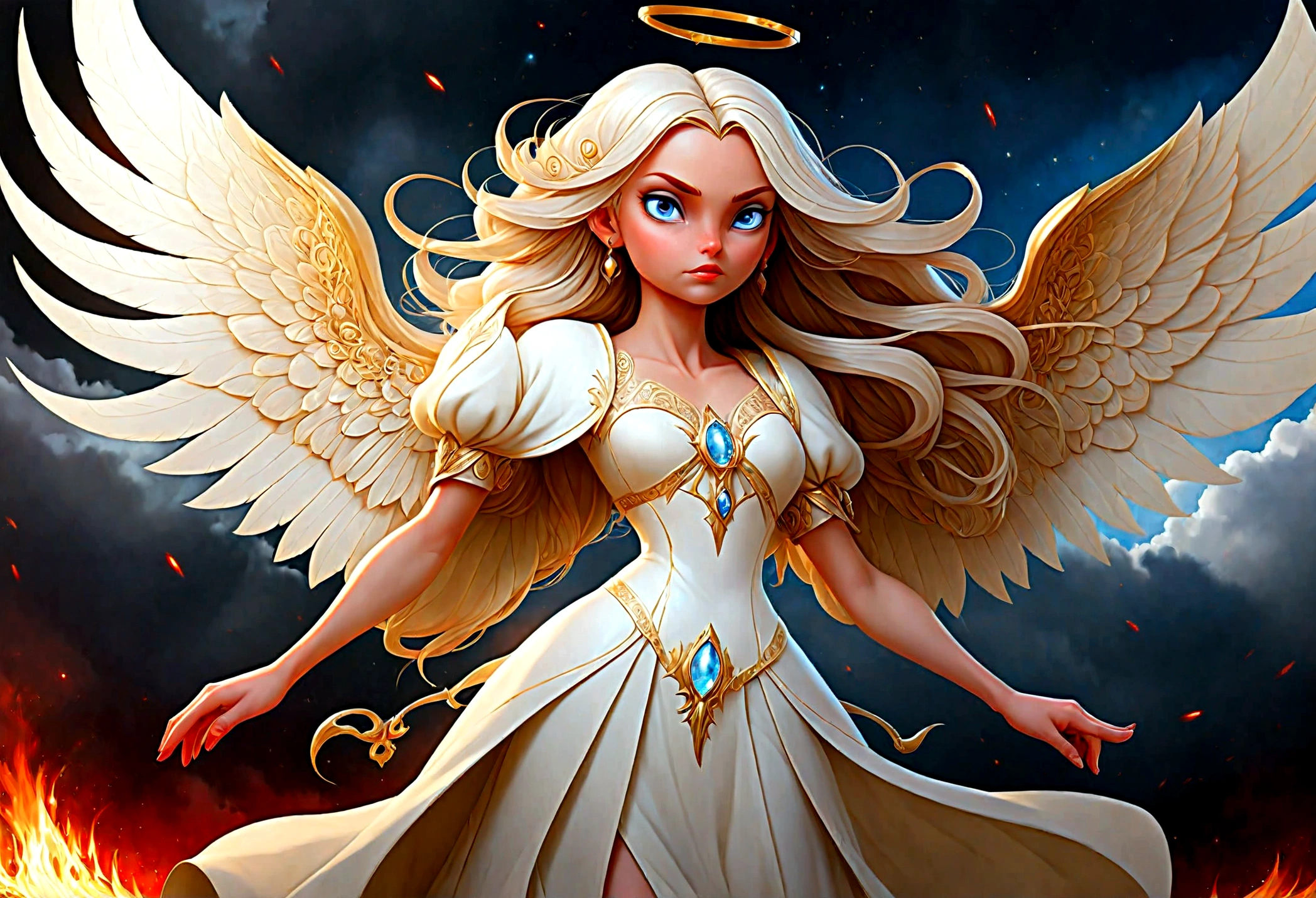 fantasy art, RPG art a ((picture of 2 women: 1.5)), single1 female angel, wearing white dress, pale skin, beautiful face, blond hair, long hair wavy hair, blue eyes, high heeled boots, wearing a dress (Masterpiece, intricate details: 1.5), large angelic wings, white angelic wings spread AND a single1 female demon, red skin  demonic wings, black demonic wings spread, demonic horns, red skin, black hair, red eyes, beautiful face, wearing a dress (Masterpiece, intricate details: 1.5), high heels, in the border between heaven and hell, moon, stars, clouds, god rays, soft natural light silhouette, dynamic angle,  photorealism, panoramic view  Wide-Angle, Ultra-Wide angle, ultra best realistic, best details, 16k, [ultra detailed], masterpiece, best quality, (extremely detailed), photorealism, depth of field, hyper realistic painting