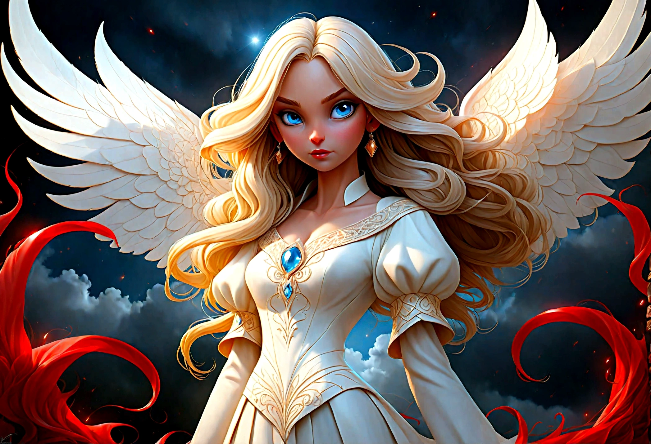 fantasy art, RPG art a ((picture of 2 women: 1.5)), single1 female angel, wearing white dress, pale skin, beautiful face, blond hair, long hair wavy hair, blue eyes, high heeled boots, wearing a dress (Masterpiece, intricate details: 1.5), large angelic wings, white angelic wings spread AND a single1 female demon, red skin  demonic wings, black demonic wings spread, demonic horns, red skin, black hair, red eyes, beautiful face, wearing a dress (Masterpiece, intricate details: 1.5), high heels, in the border between heaven and hell, moon, stars, clouds, god rays, soft natural light silhouette, dynamic angle,  photorealism, panoramic view  Wide-Angle, Ultra-Wide angle, ultra best realistic, best details, 16k, [ultra detailed], masterpiece, best quality, (extremely detailed), photorealism, depth of field, hyper realistic painting