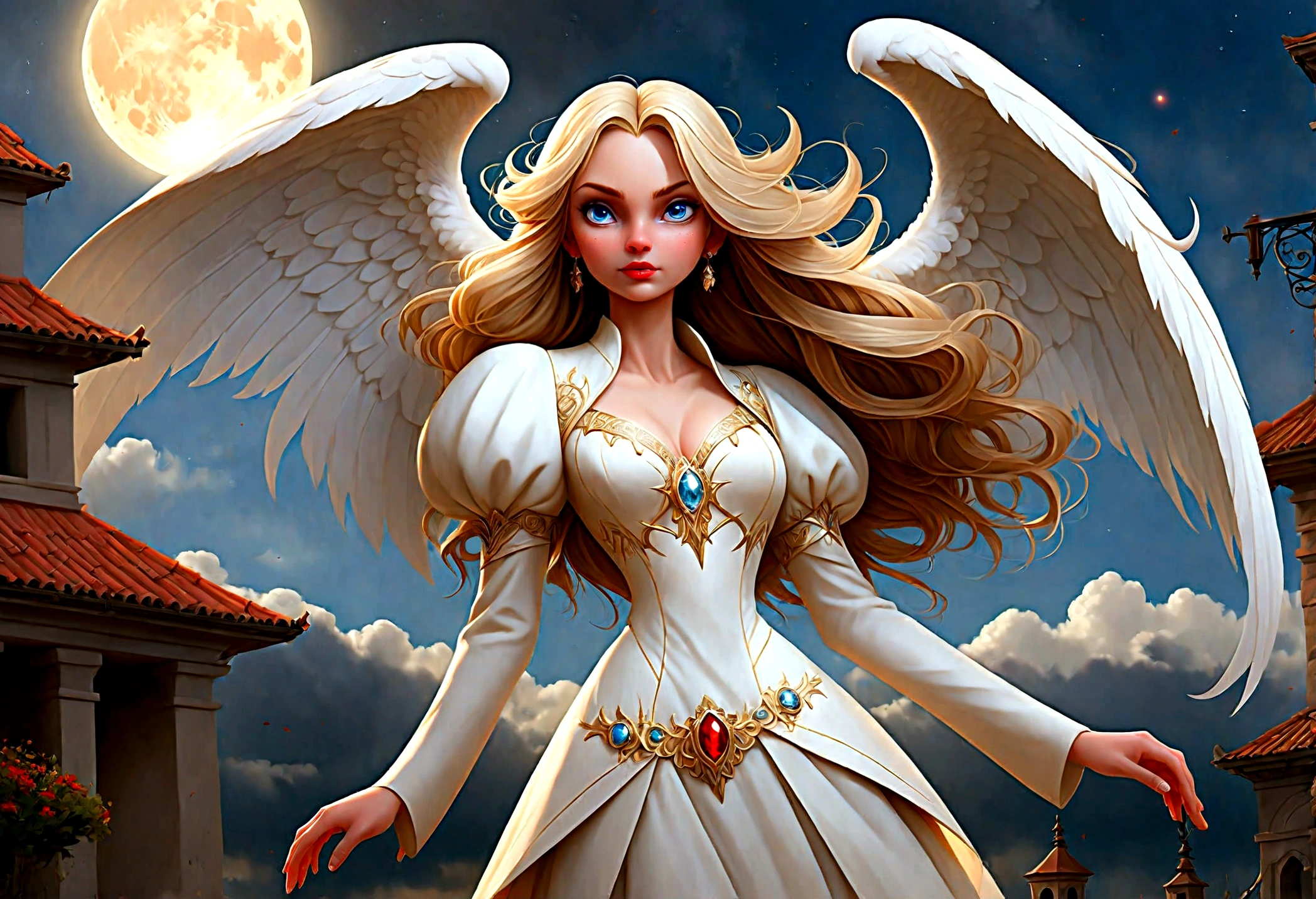 fantasy art, RPG art a ((picture of 2 women: 1.5)), single1 female angel, wearing white dress, pale skin, beautiful face, blond hair, long hair wavy hair, blue eyes, high heeled boots, wearing a dress (Masterpiece, intricate details: 1.5), large angelic wings, white angelic wings spread AND a single1 female demon, red skin  demonic wings, black demonic wings spread, demonic horns, red skin, black hair, red eyes, beautiful face, wearing a dress (Masterpiece, intricate details: 1.5), high heels, in the border between heaven and hell, moon, stars, clouds, god rays, soft natural light silhouette, dynamic angle,  photorealism, panoramic view  Wide-Angle, Ultra-Wide angle, ultra best realistic, best details, 16k, [ultra detailed], masterpiece, best quality, (extremely detailed), photorealism, depth of field, hyper realistic painting