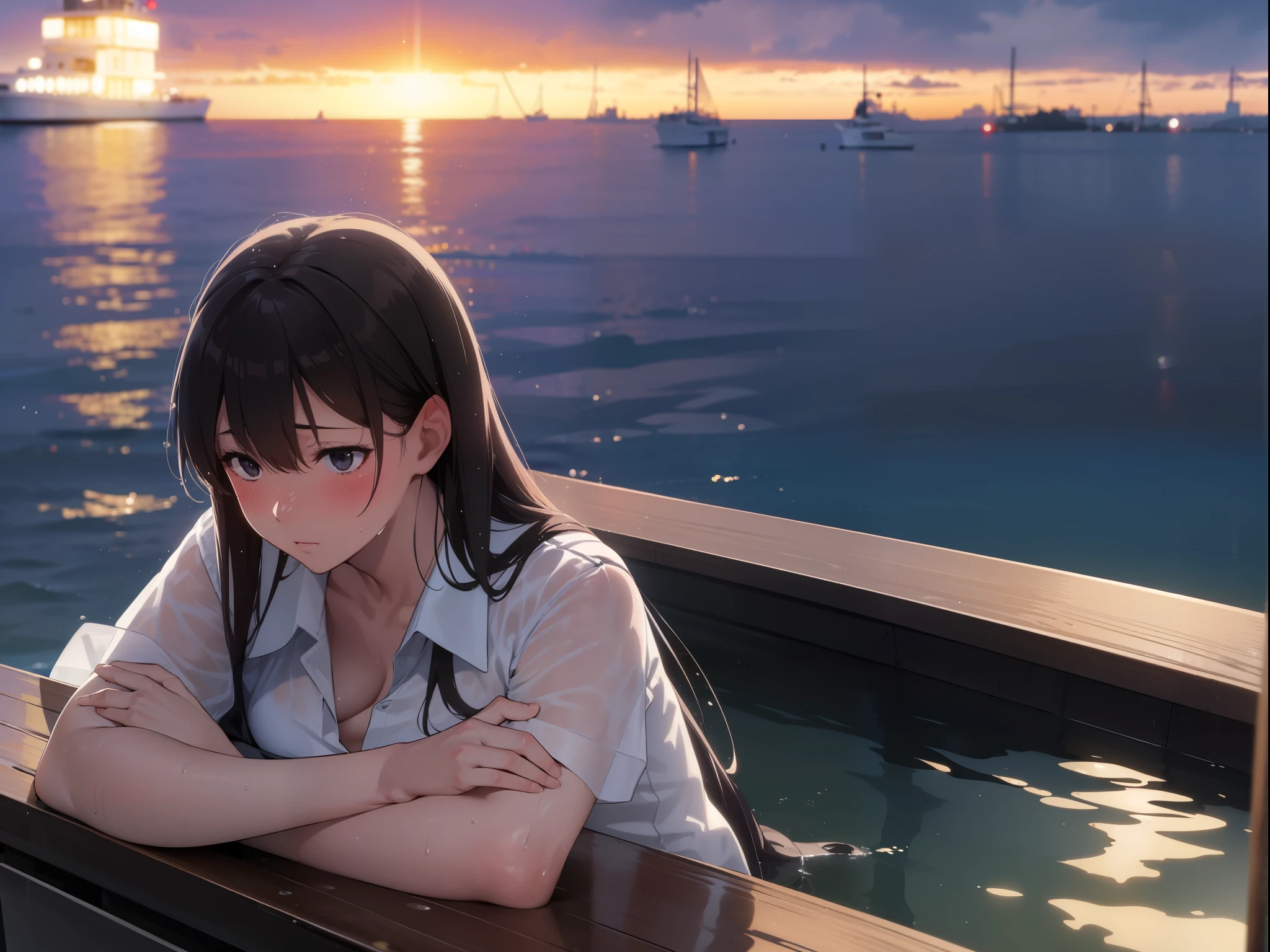 (Best quality,4k,High Resolutions),(realistic:1.37),Saekobusujima,Shy and blushing,sexy,Arms crossed,wet transparent uniform,Black lingerie,short skirt,Long black stockings,Wet,soaked,sitting on a boat ,Water,(photo),
(Full body,anime),(vivid colors),(Soft lighting)