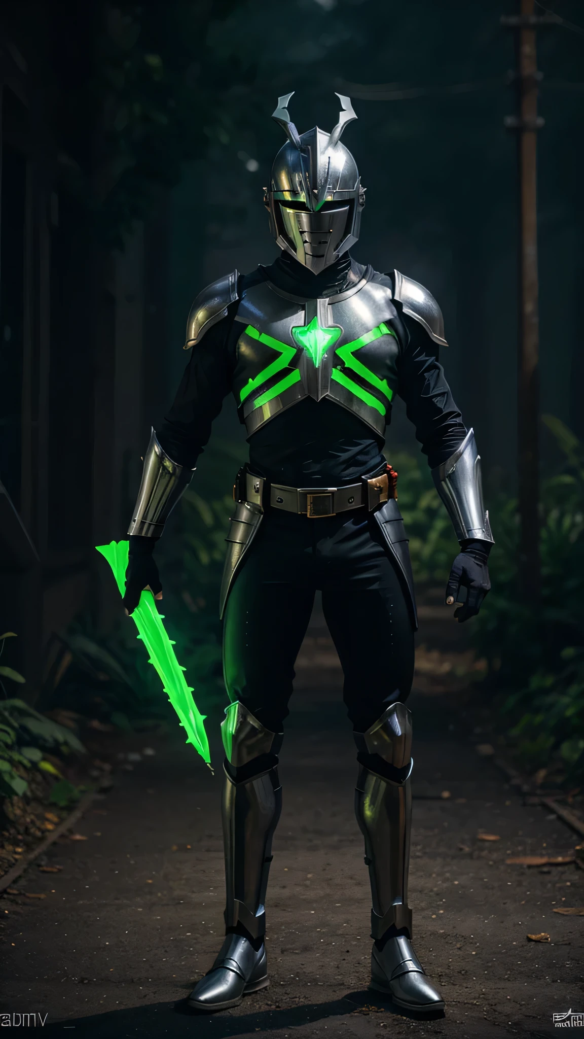 A full-body image of a hero wearing a sleek, bright green suit with silver accents, including a helmet that resembles a knight's visor. The suit is adorned with glowing vines that pulse with life. Vital Knight possesses the power of restoration, enabling him to heal injuries, purify toxins, and rejuvenate dying environments. His touch can reverse the effects of decay, making him the perfect counter to Blight Krampus. 8K, masterpiece, HDR cinematic lighting octane render.