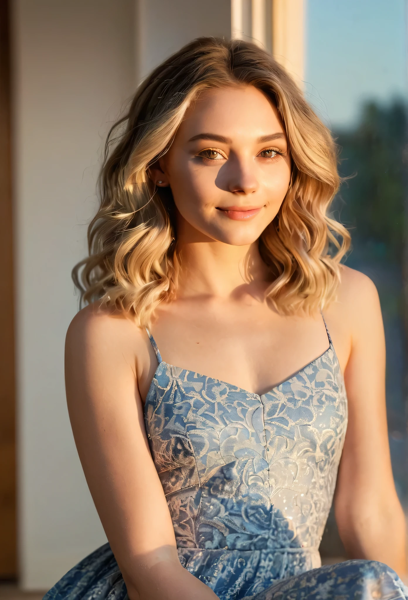 Ultra realistic full-body portrait of an European girl,  RAW,  beautiful woman with light brown eyes sitting on the floor,  (extra long wavy hair with blond highlights),  she's extremely happy,  good vibes,  ((portrait)),  ((detailed face:1.2)),  ((detailed facial features)),  cute look,  (finely detailed pale skin),  summer dress,  bokeh,  vivid colors,  reflections,  (masterpiece) (perfect proportion), professional photo, sharp focus,  soft lighting,  set her bedroom in the background,  sunset lights come from the window to light the scene. Warm tones,  natural lights, perfect eyes
