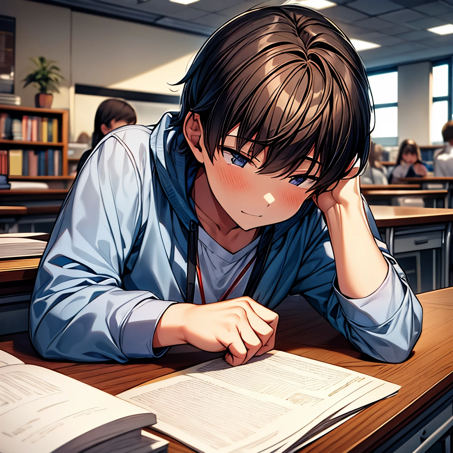 a male student napping on the desk in the crowded classroom, piles of books on the desk, UHD, anatomically correct, best quality, masterpiece, award winning