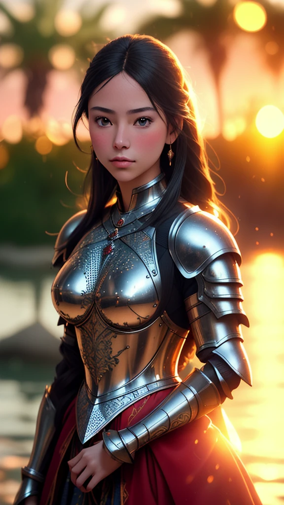 (masterpiece), (extremely intricate:1.3), (realistic), portrait of a girl, the most beautiful in the world, (medieval armor), metal reflections, upper body, outdoors, intense sunlight, far away castle, professional photograph of a stunning woman detailed, sharp focus, dramatic, award winning, cinematic lighting, octane render unreal engine, volumetrics dtx, (film grain, blurry background, blurry foreground, bokeh, depth of field, sunset, motion blur:1.3), chainmail