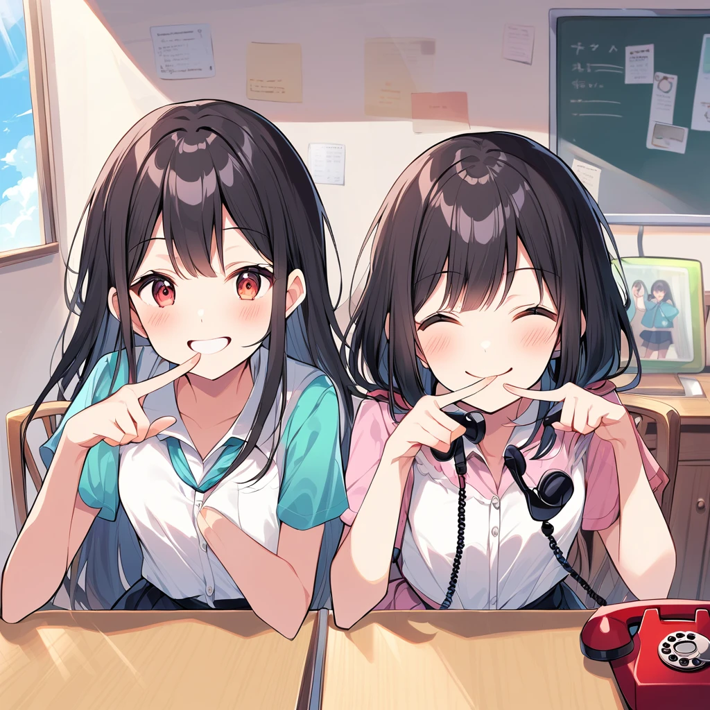 A confident smile, ピースサインをしているtwo students demonstrating a gesture commonly associated with a peace sign while speaking by teleTelephone, skirt, Black Hair, indoor, in, Telephone, shirt, ((((complete fiine fingers))))
