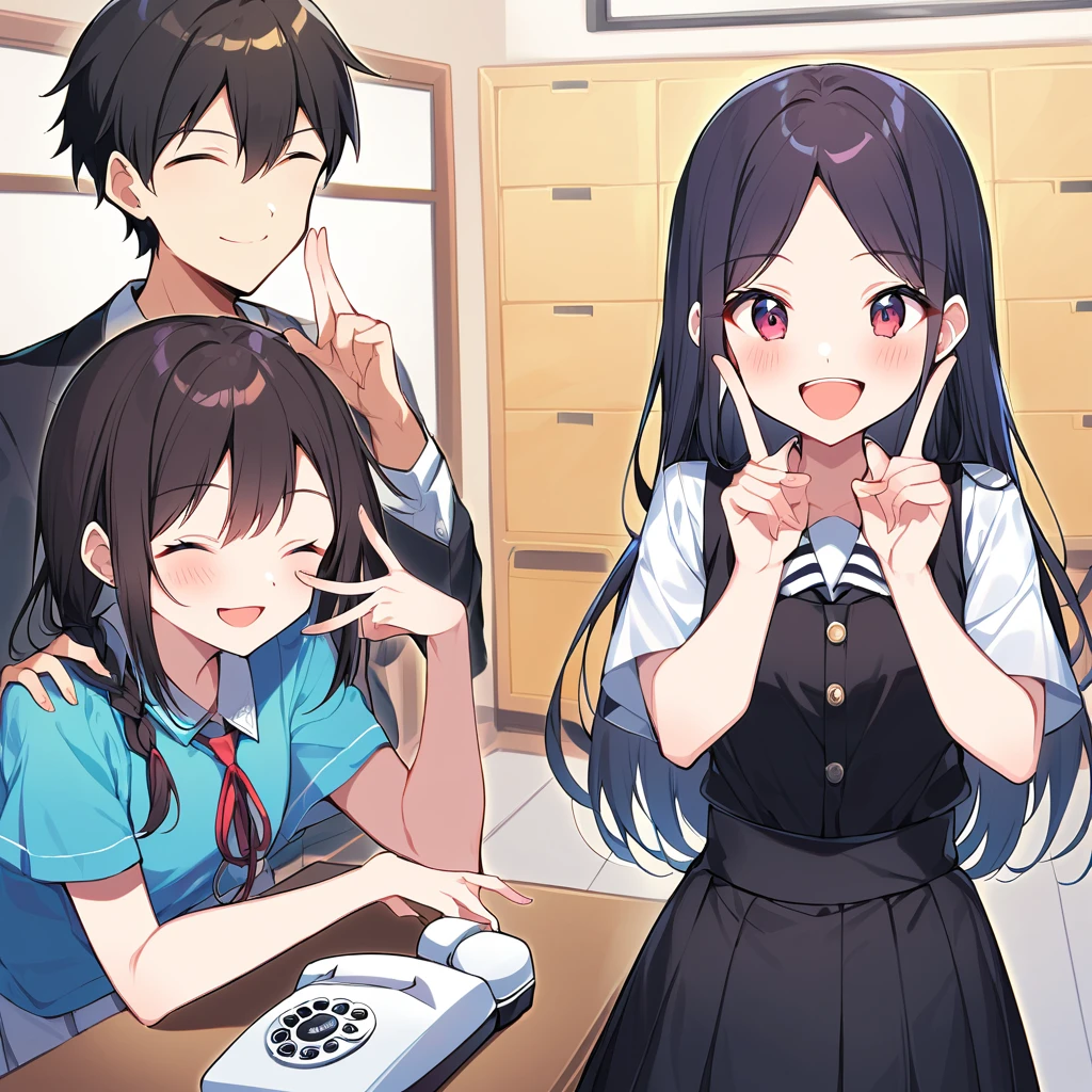 A confident smile, ピースサインをしているtwo students demonstrating a gesture commonly associated with a peace sign while speaking by teleTelephone, skirt, Black Hair, indoor, in, Telephone, shirt, ((((complete fiine fingers))))