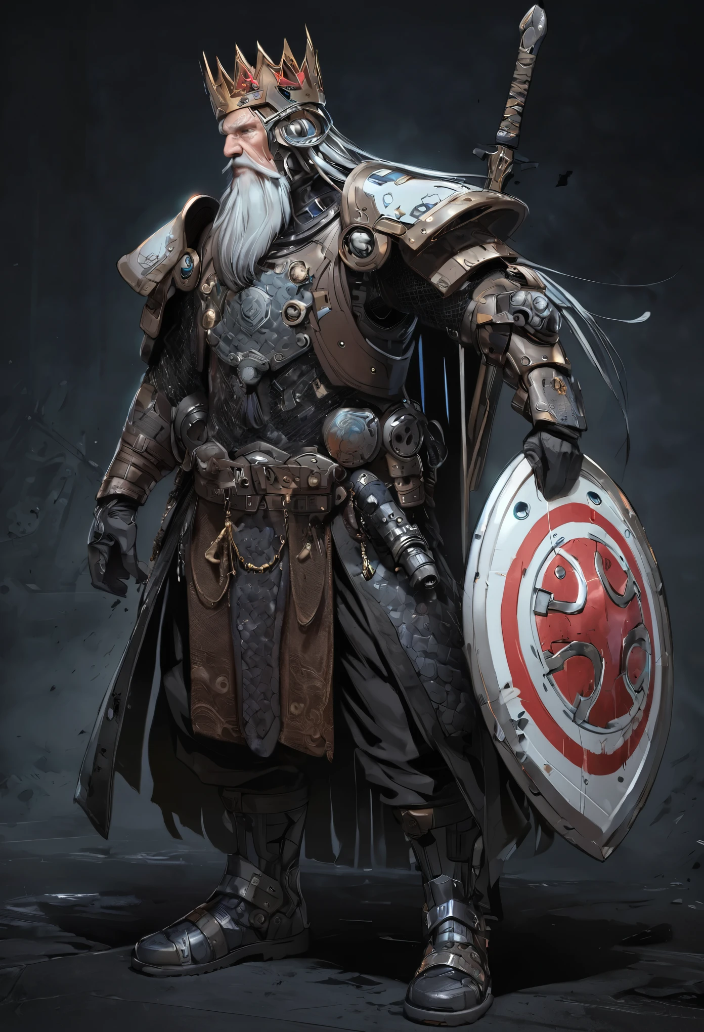1man, old man, perfect proportions, anatomically correct, (head to toe: 2.0), (full body image: 2.0), solo, extremely stylized, deviant art, masterpiece, highly detailed, detailed eyes, expressive detailed eyes, detailed pupils, futuristic, ((wearing a crown)), ((holding a sword and shield)), (cybernetic arms:1.4), big boots, entire body image, full body shot, nvinkpunk, professional photograph of alexander_skarsgard, tassles, large beads, (large tassels), cyberpunk, inkpunk, paint platter, ink splatter, (action pose:1.0), ((chainmail shirt)), old warrior, long beard, ((armor shoulders)),Mejor calidad, obra maestra, ultra detallado, 8K, derpd, Cyborg letal vistiendo una gabardina, Science fiction, male, cazarrecompensas, Peligro, militar, Pancho, oscuro, 