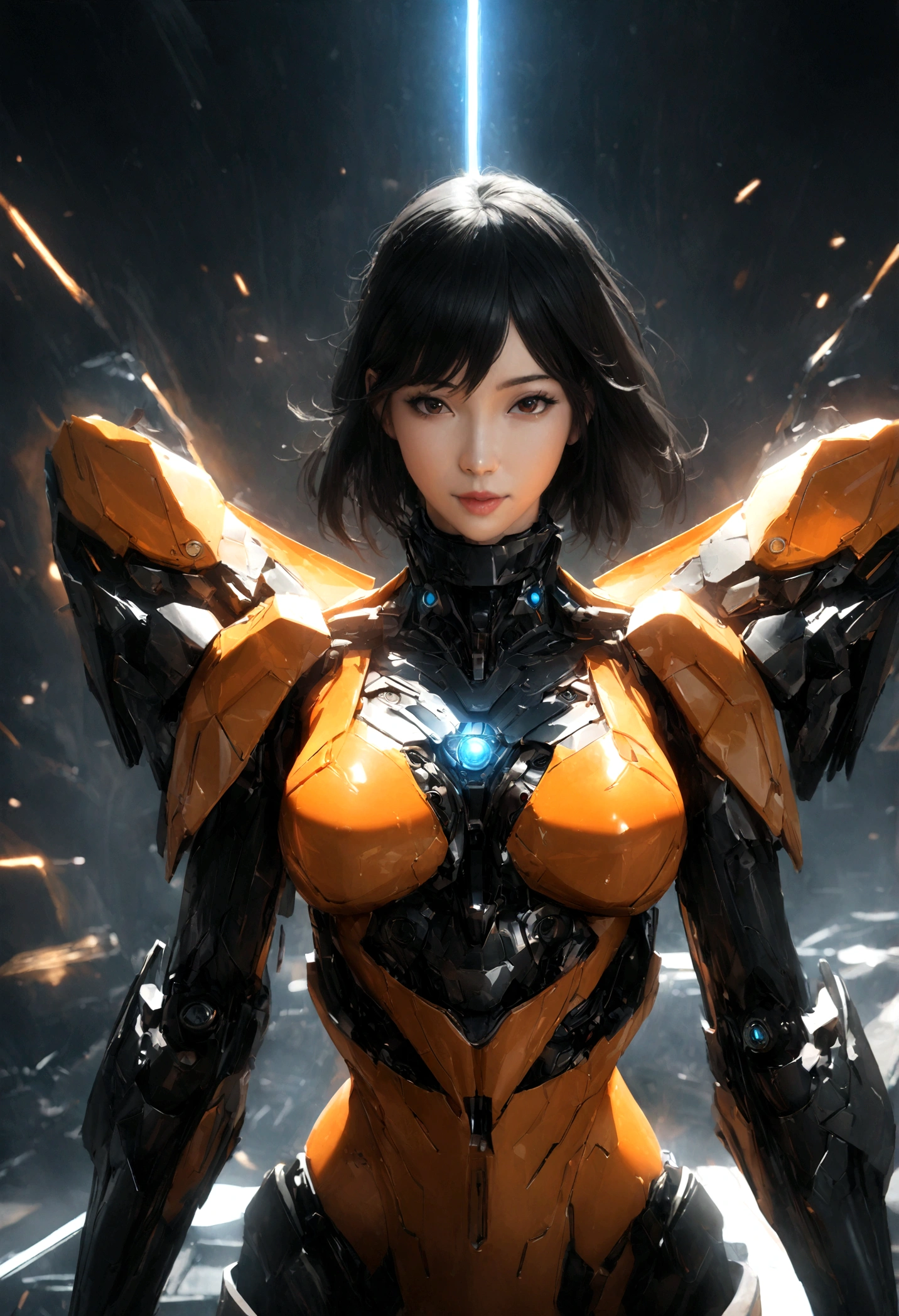 30 year old female robot with orange body (realistic photo with excellent quality) futuristic effect, cibeorg, black hair