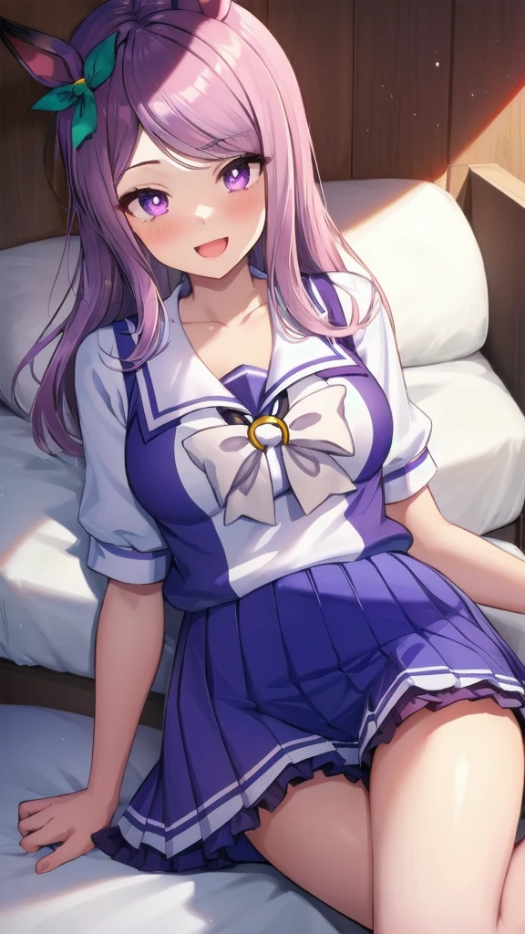 ((8K, Best Quality, masterpiece, Highly detailed)),{{{NSFW}}},Semi-realistic illustrations,Mejiro McQueen \(umamusume\),{1 girl,beautiful girl,cute,smile,kawaii, lovely,blushing,playful expression},sharp focus,oily skin,beautiful detailed hair,glossy hair,(wear school uniform:1.5),(two nipples slip from school uniform:1.2)(NSFW),erection-of-nipples,(lying on the bed:1.2),wear long school skirt,perfect two legs,(spread two legs:1.2),(show-off-white-panties:1.3),five fingers,large breaths,wear black pantyhose,beautiful detailed eyes,jewel like eyes,violet eyes, (two hands behind head:1.1),open mouth,armpits, solo,beautiful navel,  looking at viewer,collarbone,earring