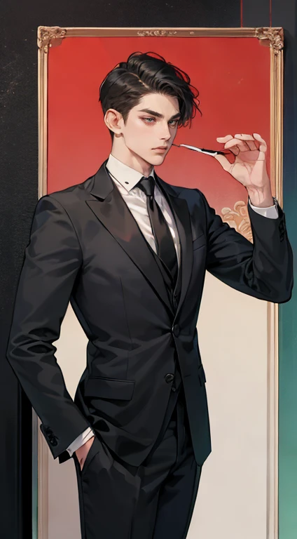 ((a young man in a black suit and tie)), taken in the early 2020s, gotham, alejandro, he looks very sophisticated, (((left side swept bang black short hair))), (dark green eyes and thick eyebrows), smirk. ((20 years old)), ((Black suite and black tie)), masterpiece, posture dynamic, one person,