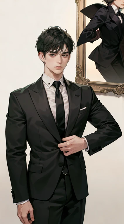 ((a young man in a black suit and tie)), taken in the early 2020s, gotham, alejandro, he looks very sophisticated, (((left side swept bang black short hair))), (dark green eyes and thick eyebrows), smirk. ((20 years old)), ((Black suite and black tie)), masterpiece, posture dynamic, one person,