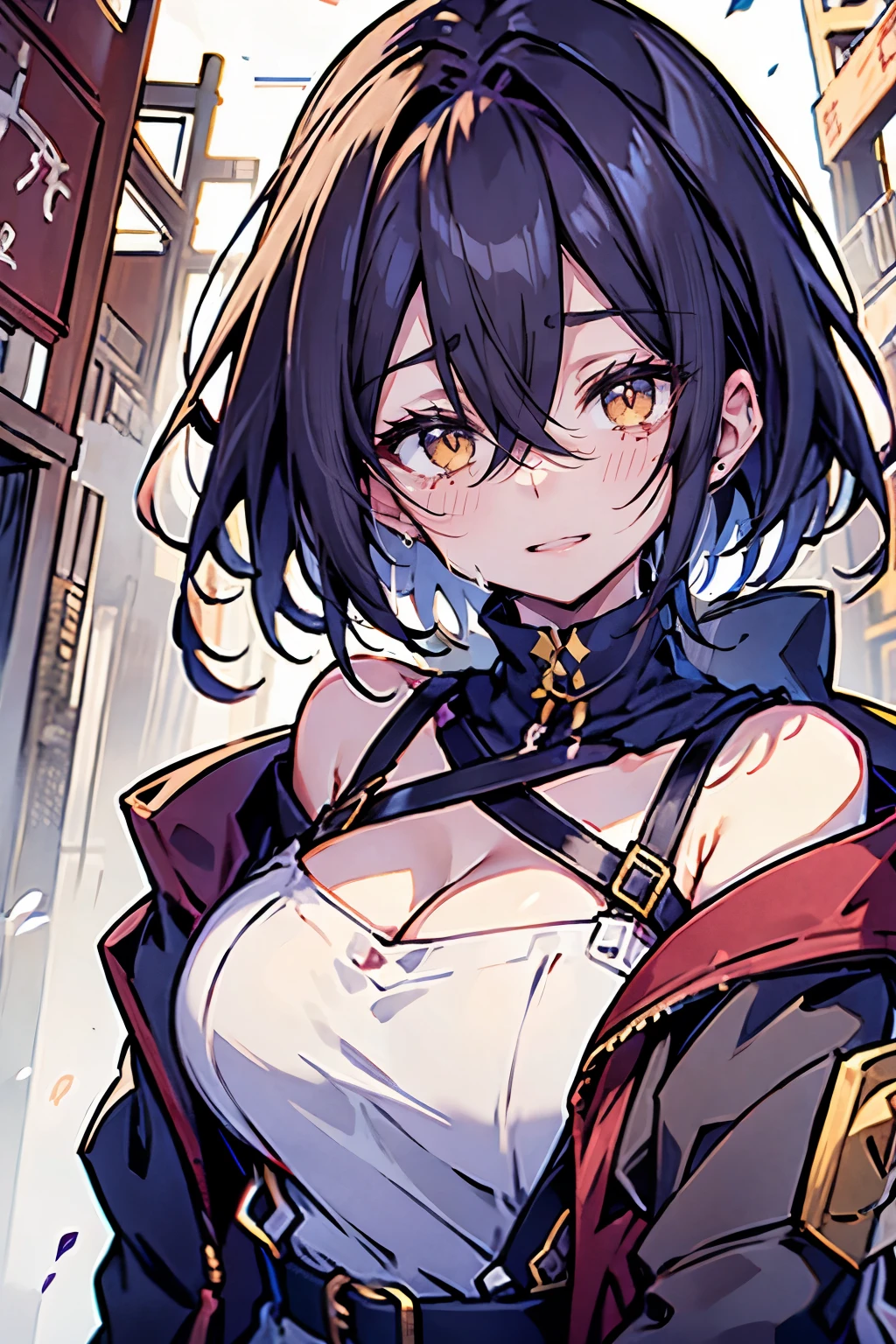 hui xiyi, rekkyo sensen, rekkyou sensen, 1 girls, black hair, tits cleavage, waving, breasts close up, suspenders, dress,1girl, bare shoulders, belt, frills shirt, white knit sweater, exposed breasts, straps, upper body, hoodies, fur clothes, long hair, nun, long sleeves, perfect hands, perfect fingers, chinese clothes